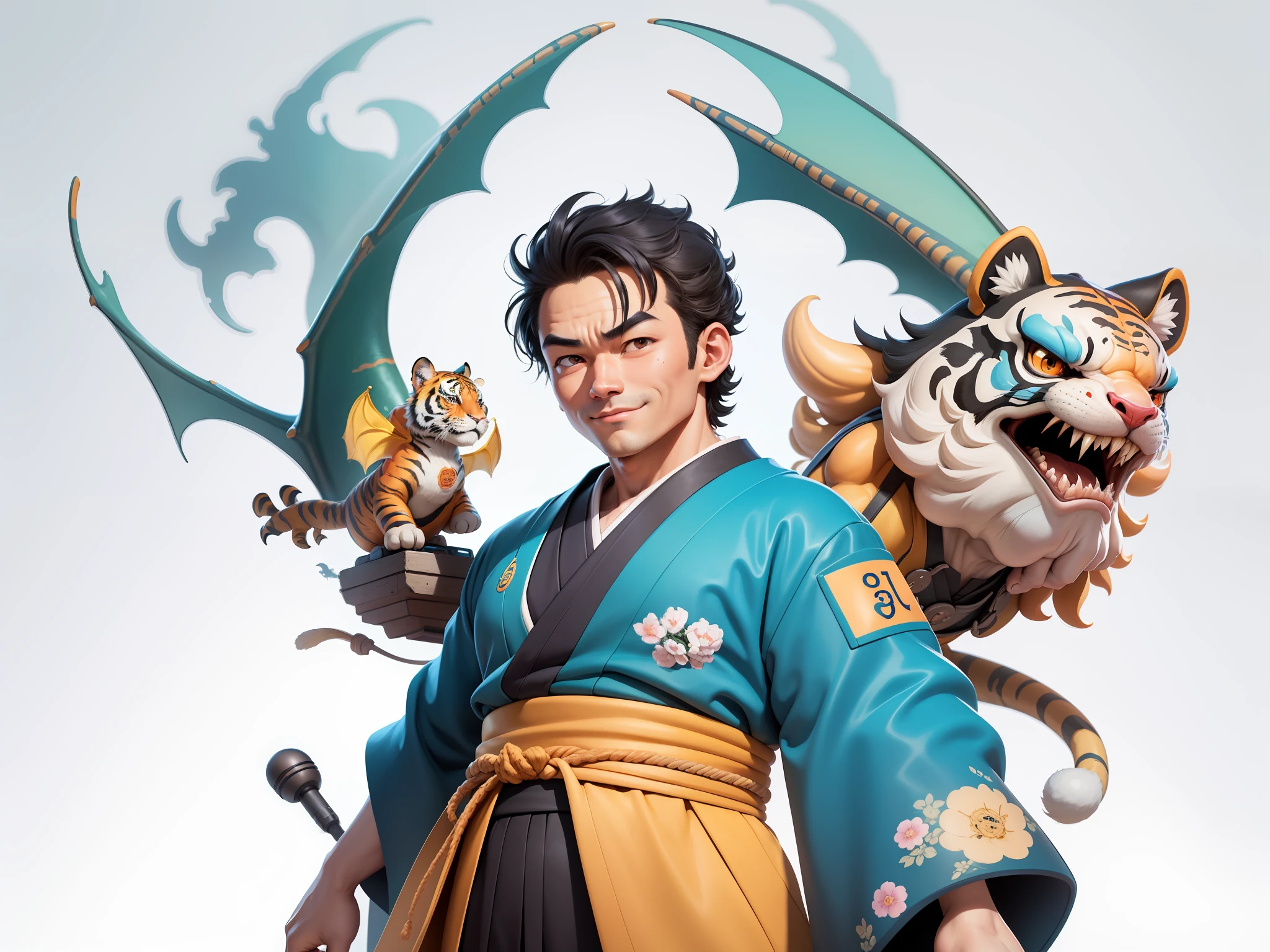 (Masterpiece), (Excellent), (Super Meticulous), (Full Body: 1.2), Super Young Man, Oriental Face, Japanese Kimono, Japanese Wind Thunder God, Dragon, Tiger, TV Anchor, Bust Portrait Illustration, Alone, Black Suit, Blue Tie, Slightly Chubby Face, Very Clean Face, No Beard, Black Super Short Hair, Black Eyes, Confident Smile, 3c Computer Sub-Products, iPad, iPhone, Digital Painting, 3D Character Design by Akira Toriyama and Mark Claireden and Pixar and Hayao Miyazaki, The illustration is a high-definition illustration in 4K resolution with very detailed facial features and cartoon-style visuals.