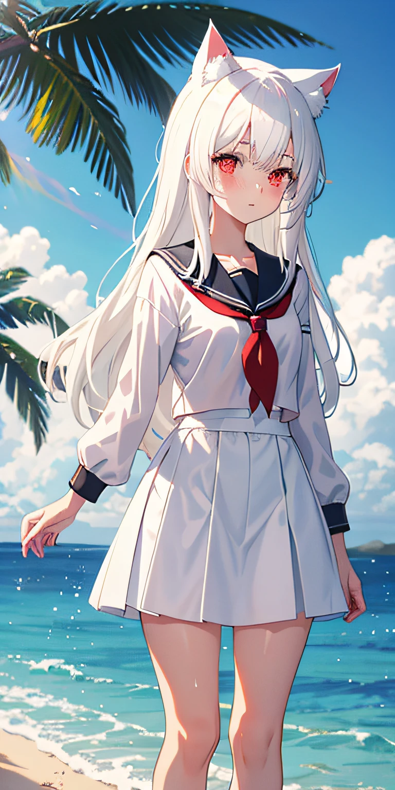 Anime girl with white hair and cat ears, red eyes, shy blush, wet school uniform, transparent cloth, water, seaside, beach, sunny