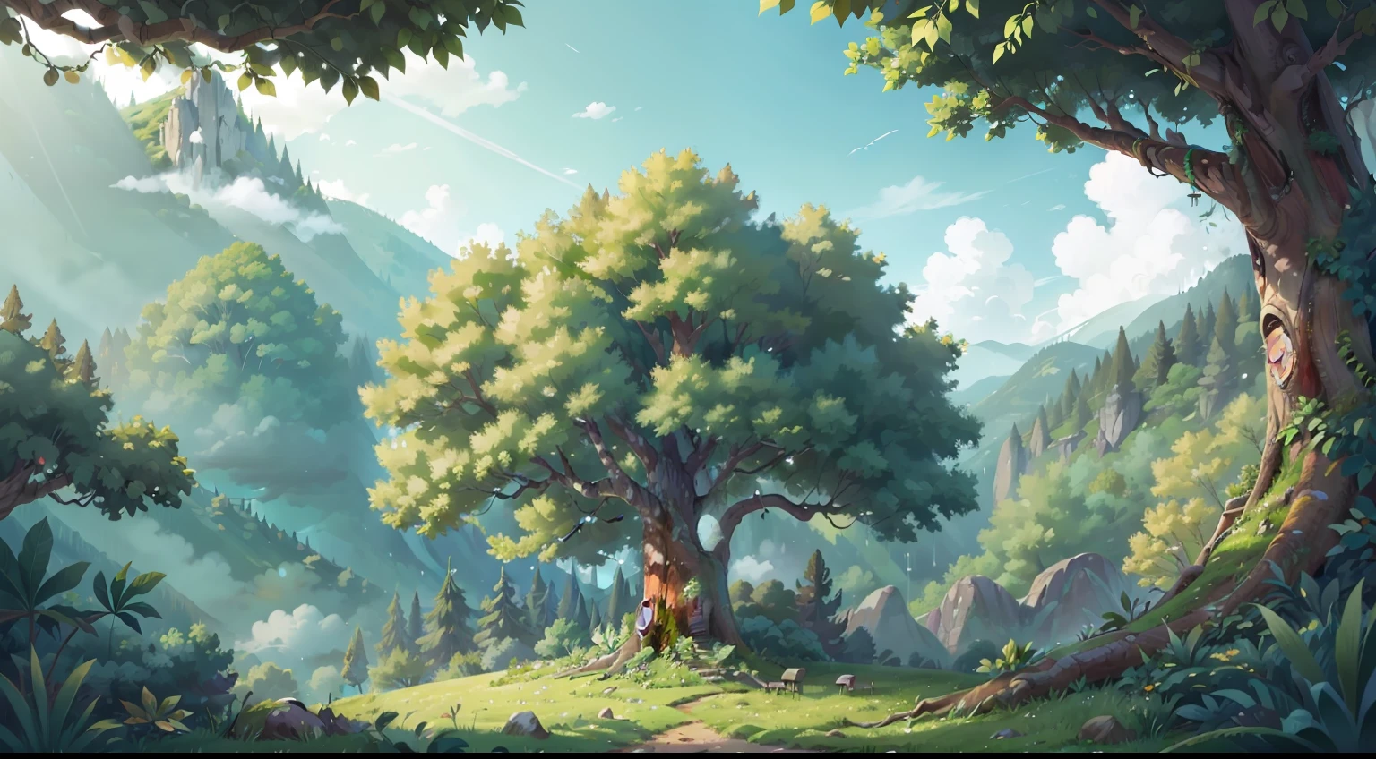 A large tree is on the left side of the frame,The canopy is dense,Stick out a few branches,Hillside in the distance,There are several clouds in the sky