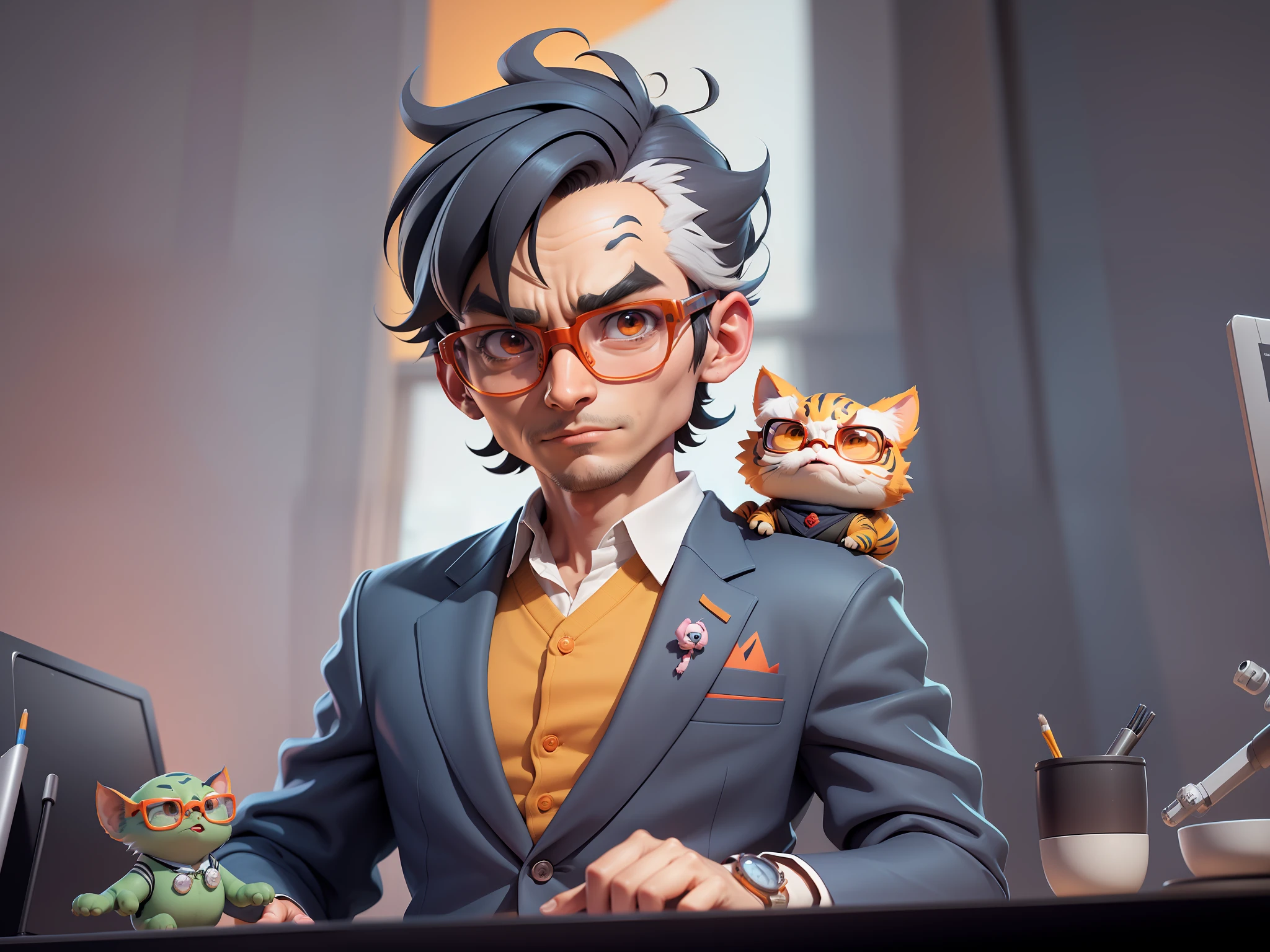 A young man in a suit, Short hair and glasses sat at his desk,holding laptop,digitial painting,tigre,3D character design by Mark Clairen and Pixar and Hayao Miyazaki and Akira Toriyama,4K HD illustration,Very detailed facial features and cartoon-style visuals。