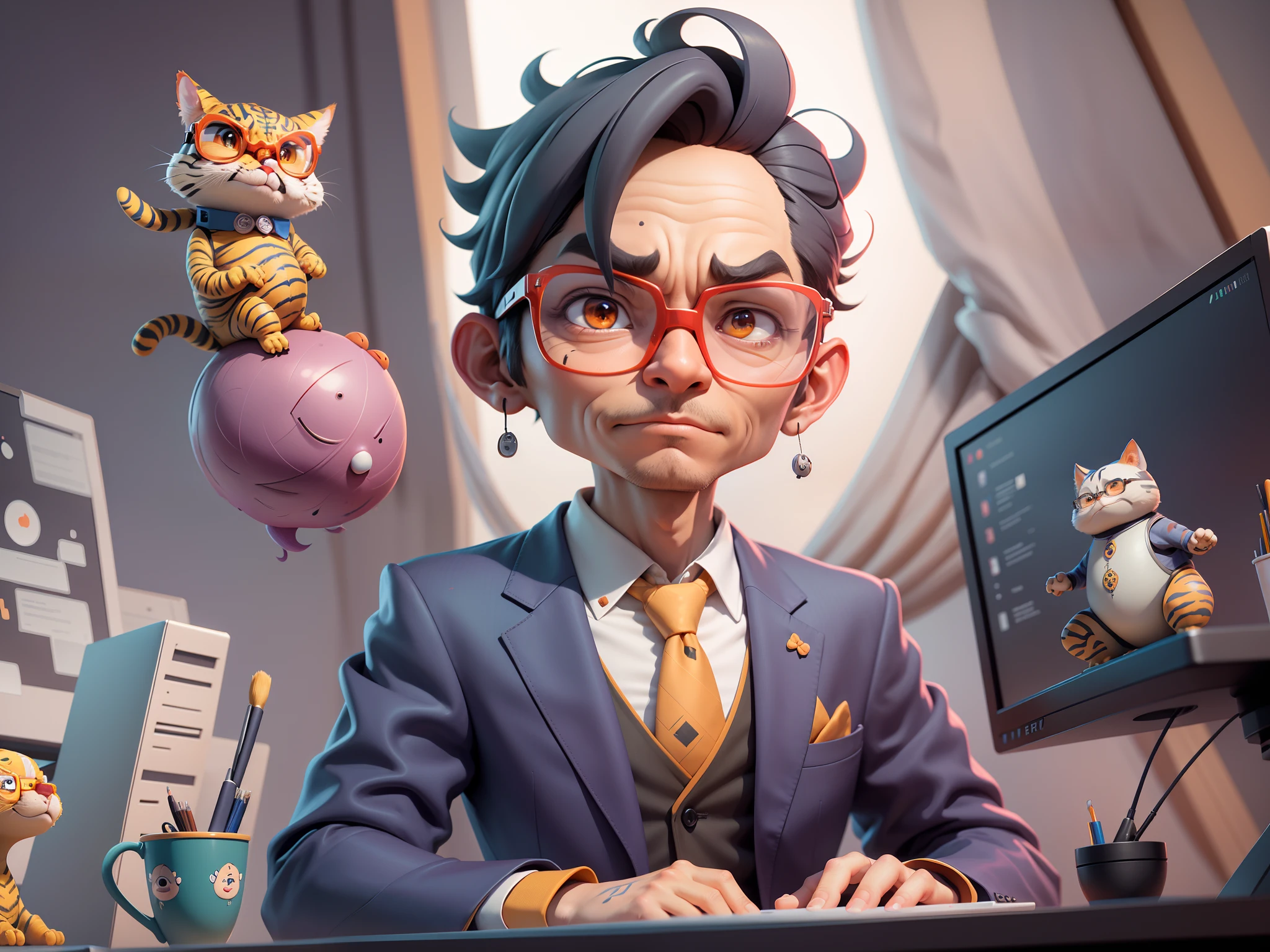 A young man in a suit, Short hair and glasses sat at his desk,holding laptop,digitial painting,tigre,3D character design by Mark Clairen and Pixar and Hayao Miyazaki and Akira Toriyama,4K HD illustration,Very detailed facial features and cartoon-style visuals。