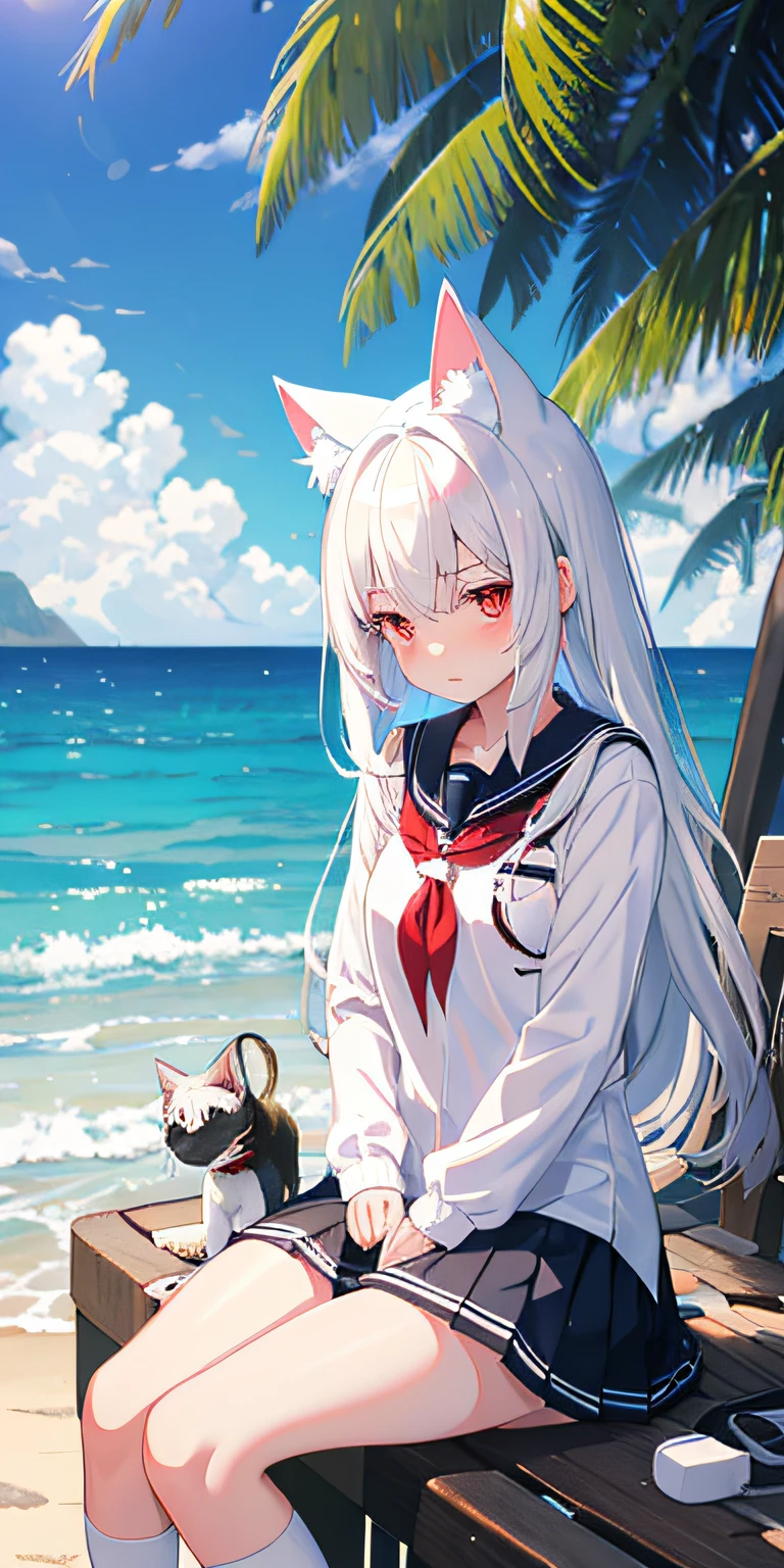 Anime girl with white hair and cat ears, red eyes, shy blush, wet school uniform, transparent cloth, water, seaside, beach, sunny