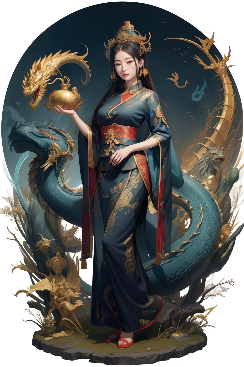 an ancient Chinese goddess, guanyin of the southern seas, Guanyin, Inspired by China, Avalokiteshvara rides a dragon,,Serene expression,shui mo hua,Buddha,Buddhist,Lotus,Chinese painting style,Thangka style