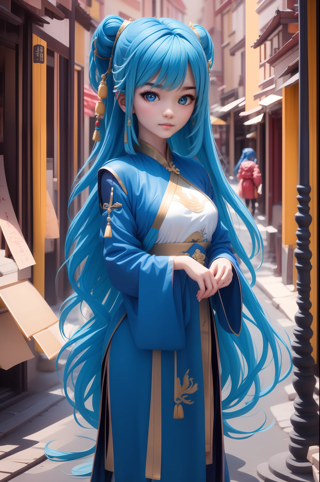 Lingxi'er，Blue-haired girl，Blue long hair，Delicate face，Face details