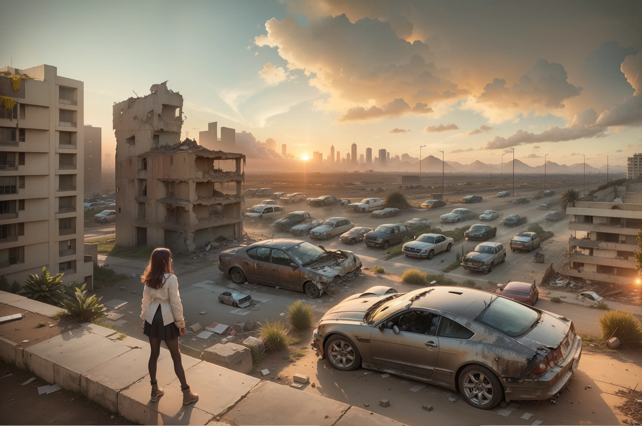 （（rubble_ruins））,architecture,cityscape,background,weeds,sandstorm,rubbish,((car wreck)),(1 girl,dressed in gaudy),rich color,rainy day,cumulonimbus cloud,sunset boulevard,sunset dusk,