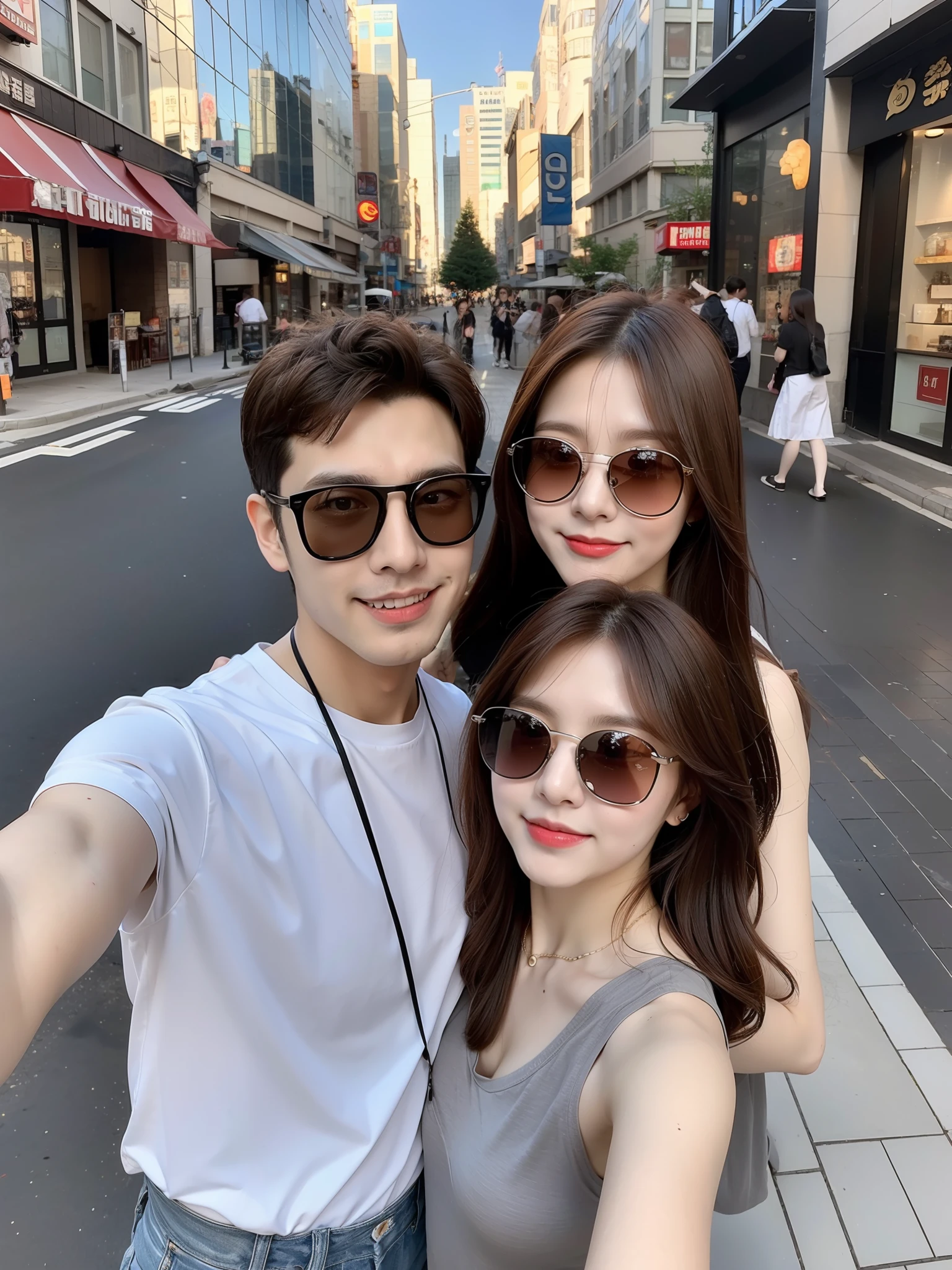 They posed for photos outside restaurants, on City Street, 8K selfie photos, wearing sunglasses, vacation photos, cute couple
