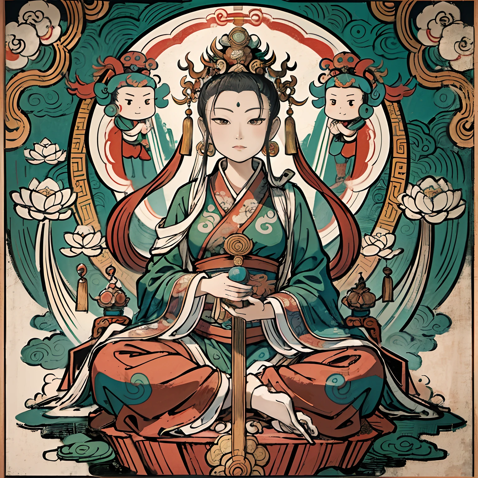 (masterpiece, top quality, Guanyin Bodhisattva，Female Bodhisattva，The eyebrows are like Satsuki，The eyes resemble double stars，The jade face is naturally joyful，Vermilion's lips were a little red，Sit on a huge lotus leaf，(nsfw: 1.5) (: 1.5), pubic, full body