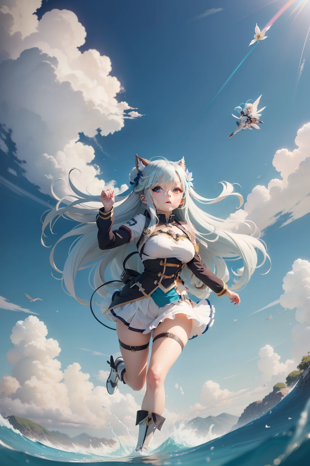 Anime girl with long white hair flying in the sky with a flower, aqua from konosuba, konosuba, konosuba anime style, Anime goddess, , anime best girl, An anime cover, small curvaceous loli, Anime moe art style, Kantai collection style, azur lane style, anime visual of a cute girl,Beth
