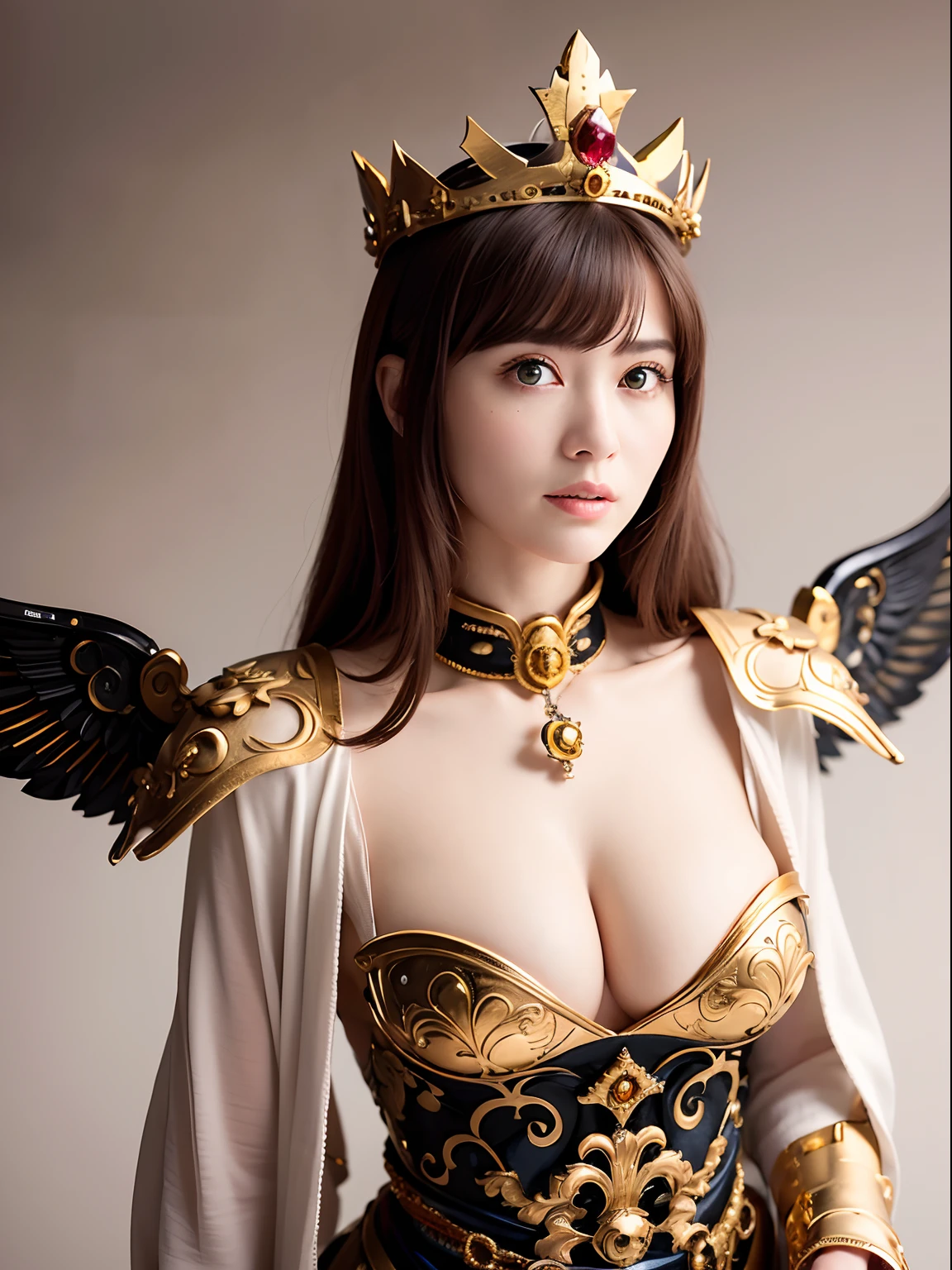 (masutepiece), Professional , masterpiece、top-quality、photos realistic , depth of fields (Gemstone Silver Metal Body:1.9),(Matte White、(Interior background of a luxurious castle)、Jewel Gold Weapon、(Flying in the sky),Gorgeous metal weapons,(Detailed and realistic angel white wings) , Detailed Sword of the Brave , Beautiful knife 、delicated face、20 years girl ,warhammer 40k , adepta sororitas,Detail and ornate jewel crown、a blond、(Gangle's forest background)、Beautiful Caucasian beauty、1a person、dynamic ungle,(((Detailed and ornate diamond crown)))、Smaller head、A smile、Powerful poses、Beautiful thin fingers of a woman、cleavage of the breast、