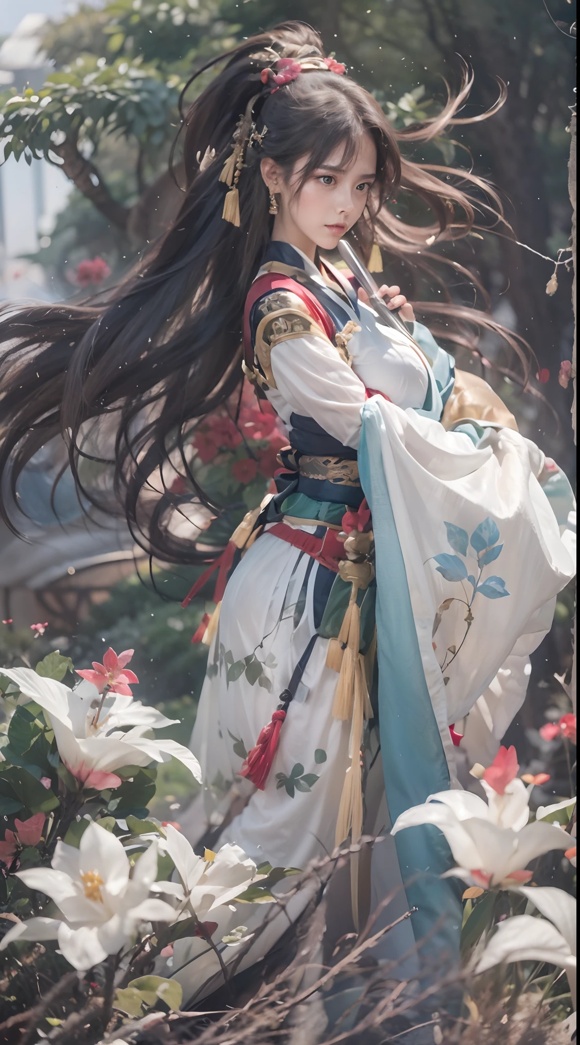 ,1个Giant Breast Girl，Hold the hilt of the sword in your hand，Sword in one hand，Long sword，Unsheathed sword，Sword in hand，Hanfu，Boots，Fingerless gloves，blossoms，mitts，petals，whaite hair，1个Giant Breast Girl，Fingerless gloves，blossoms，独奏，arma，whaite hair，high detal，ultra-realistic realism，Verism，（（Bust photo）），（real photograph：1.4），（lightand shade contrast），cinmatic lighting，Realistic special effects，c4d渲染，rendering by octane，Ray traching，in a panoramic view，angle of view，textureskin，super detailing，hyper HD，tmasterpiece，anatomy correct，best qualtiy，A high resolution，8K