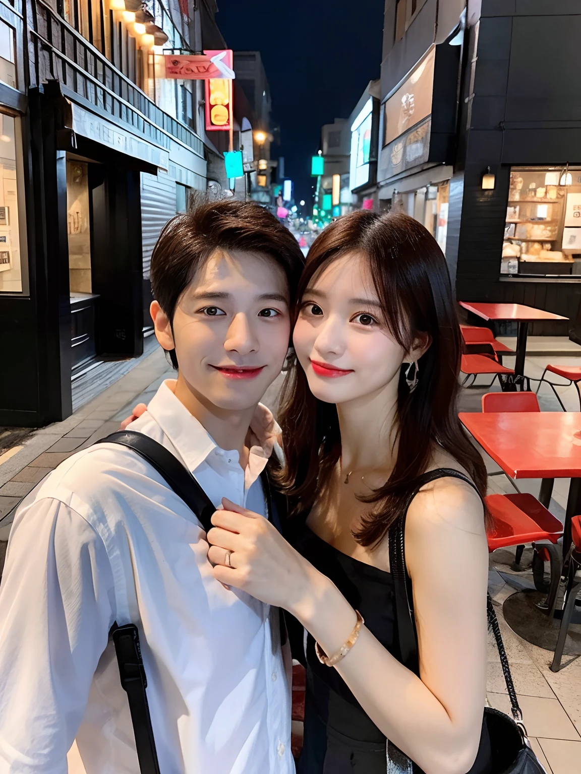 They are outside the restaurant、Street Photography、8K selfie、vacation photo、Cute couple posed、both sexes、Male and female couples