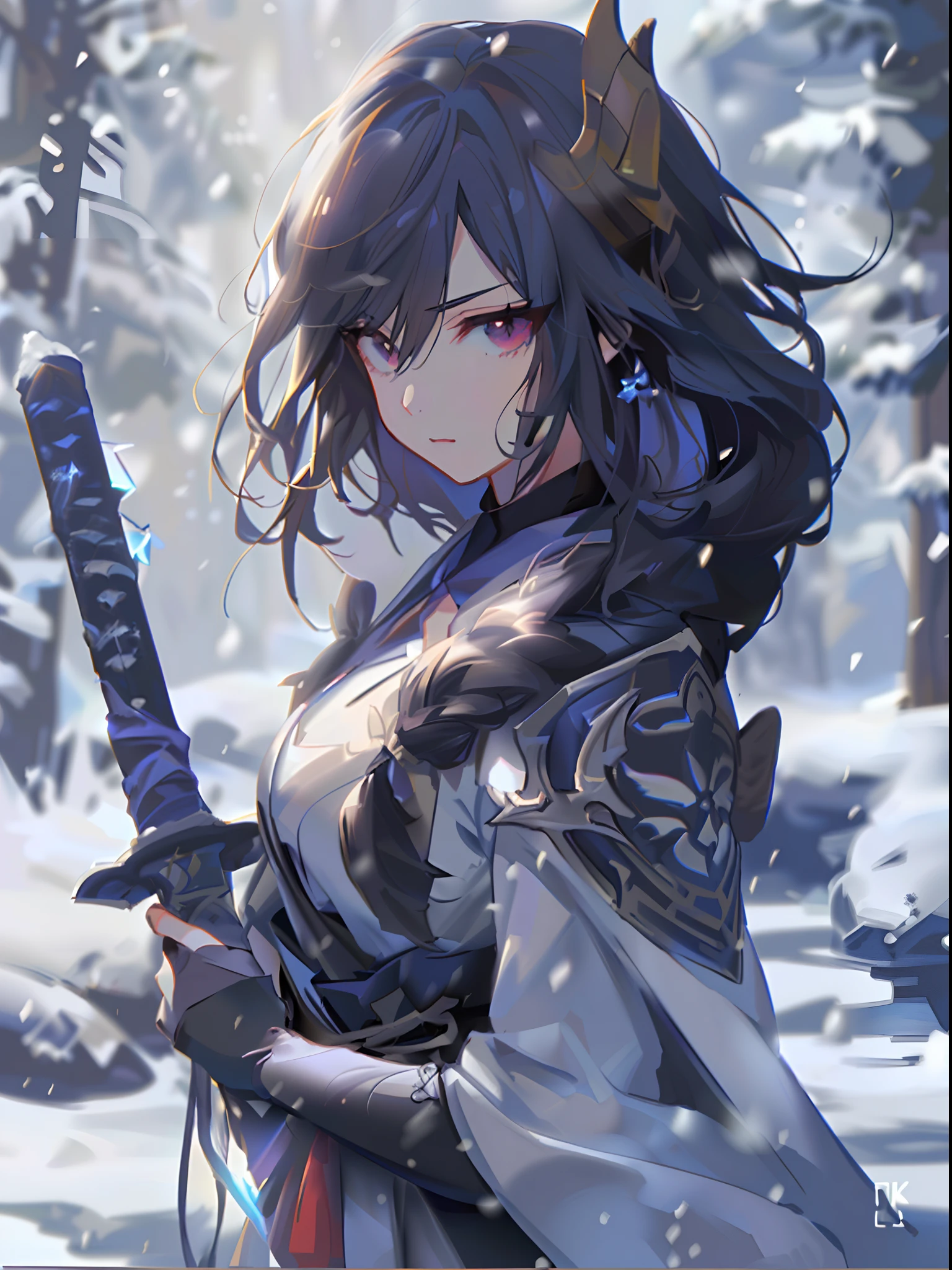 Anime demon girl with horns on her head,Holding a sword in a snow forest with snow background, Badass anime 8 K, 4k manga wallpapers, Ayaka Genshin impact, 4k anime wallpapers, anime wallpaper 4k, anime wallpaper 4k, Anime art wallpaper 4k, Anime art wallpaper 4 K, Anime style 4k, detailed digital anime art, best anime 4k Konachang wallpapers