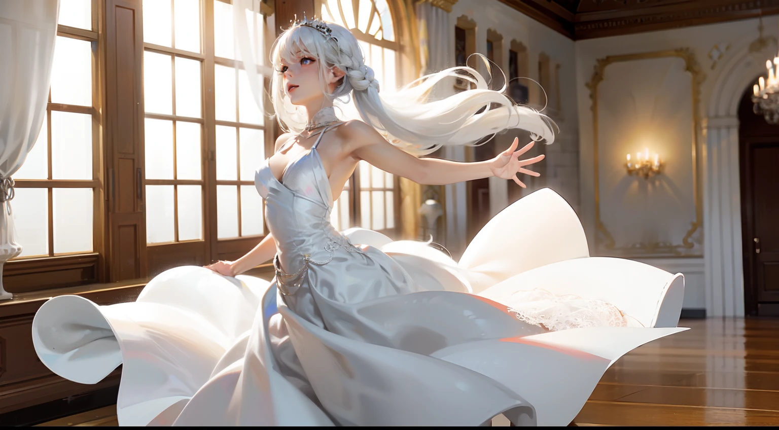 1girll,Solo,Long white hair, 1 girl dancing lightly and elegantly,Immerse yourself in the dance,