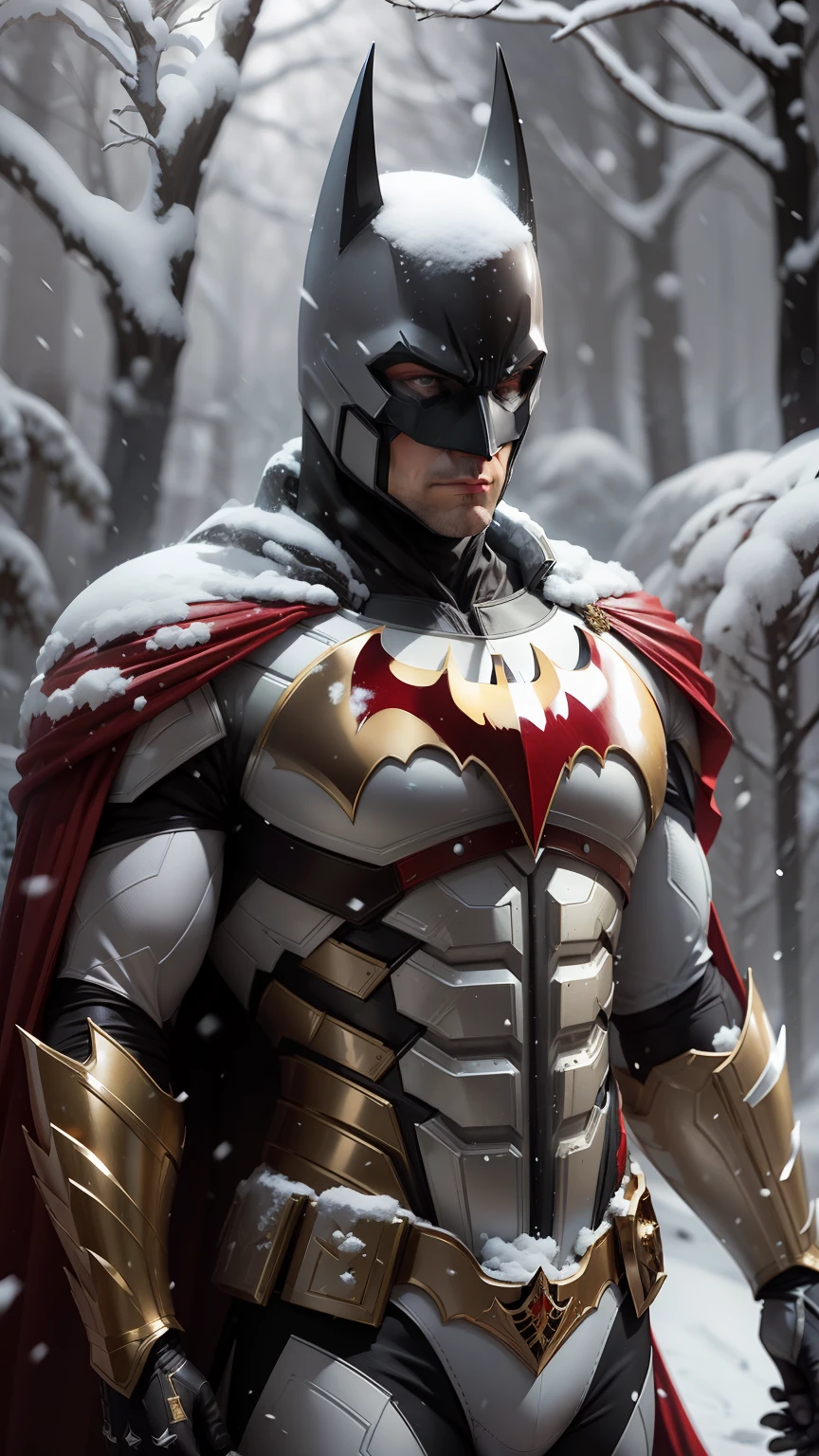 Batman full body on a white, gold and red armor suit, on a white snow forest, snow falling over the armor, the sin shines over the armor suit, hyper realistic, photorealistic, 8K, an award winning photo