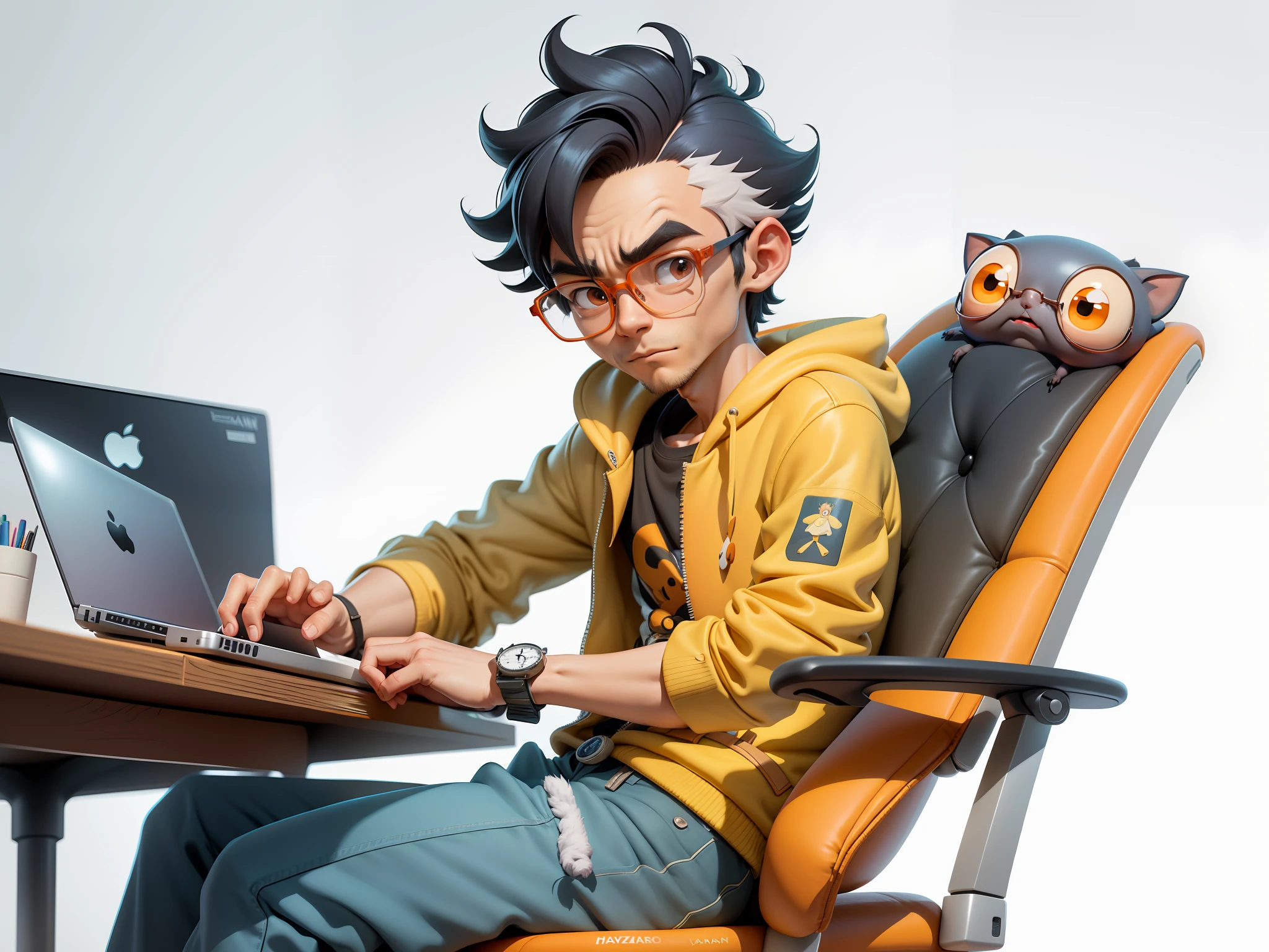 A young man with glasses sits at his desk，holding laptop，digitial painting，3D character design by Mark Clairen and Pixar and Hayao Miyazaki and Akira Toriyama，4K HD illustration，Very detailed facial features and cartoon-style visuals。