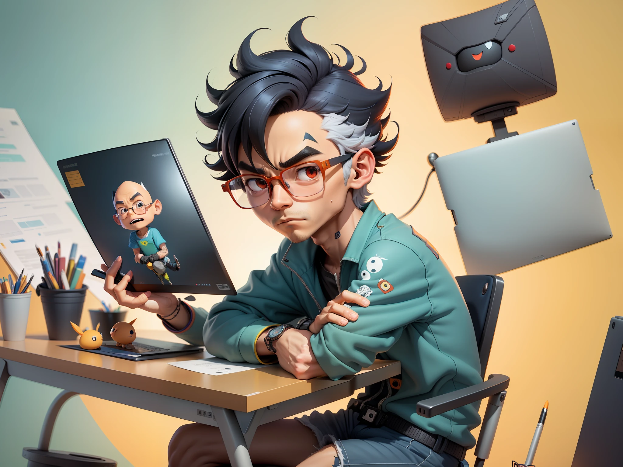 A young man with glasses sits at his desk,holding laptop,digitial painting,3D character design by Mark Clairen and Pixar and Hayao Miyazaki and Akira Toriyama,4K HD illustration,Very detailed facial features and cartoon-style visuals。