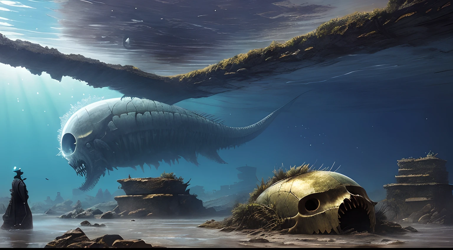 (Extreme close-up) photore (Scared:1.1) (At the bottom of the lake:0.9), (underwater plants:1.2), (A huge alien skull:1.2), There is no light in the eyes，Falling ashes, Netsuit，(The stone pillars collapsed, 12th century, 1.2),airbubble，Beam light, insanely details, Cinematic, epic realistic, Intricate details, ultra - detailed, High quality, primitive, author：Jakub Rozalski