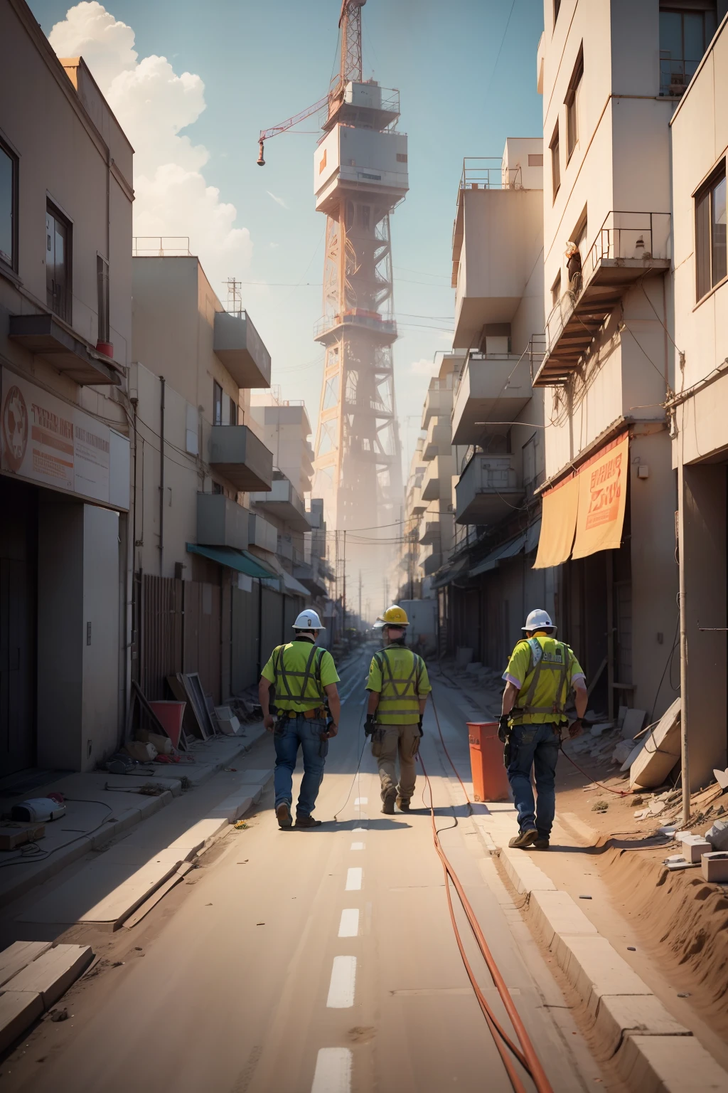Telecom operator poster,Focusing on the theme of "everyone talks about safety, everyone will respond to emergencies",Two construction crews,Wear a hard hat,Thick cable on the ground, Has hundreds of network cables,Next to it is an underground electric well,Carry out fiber optic network work