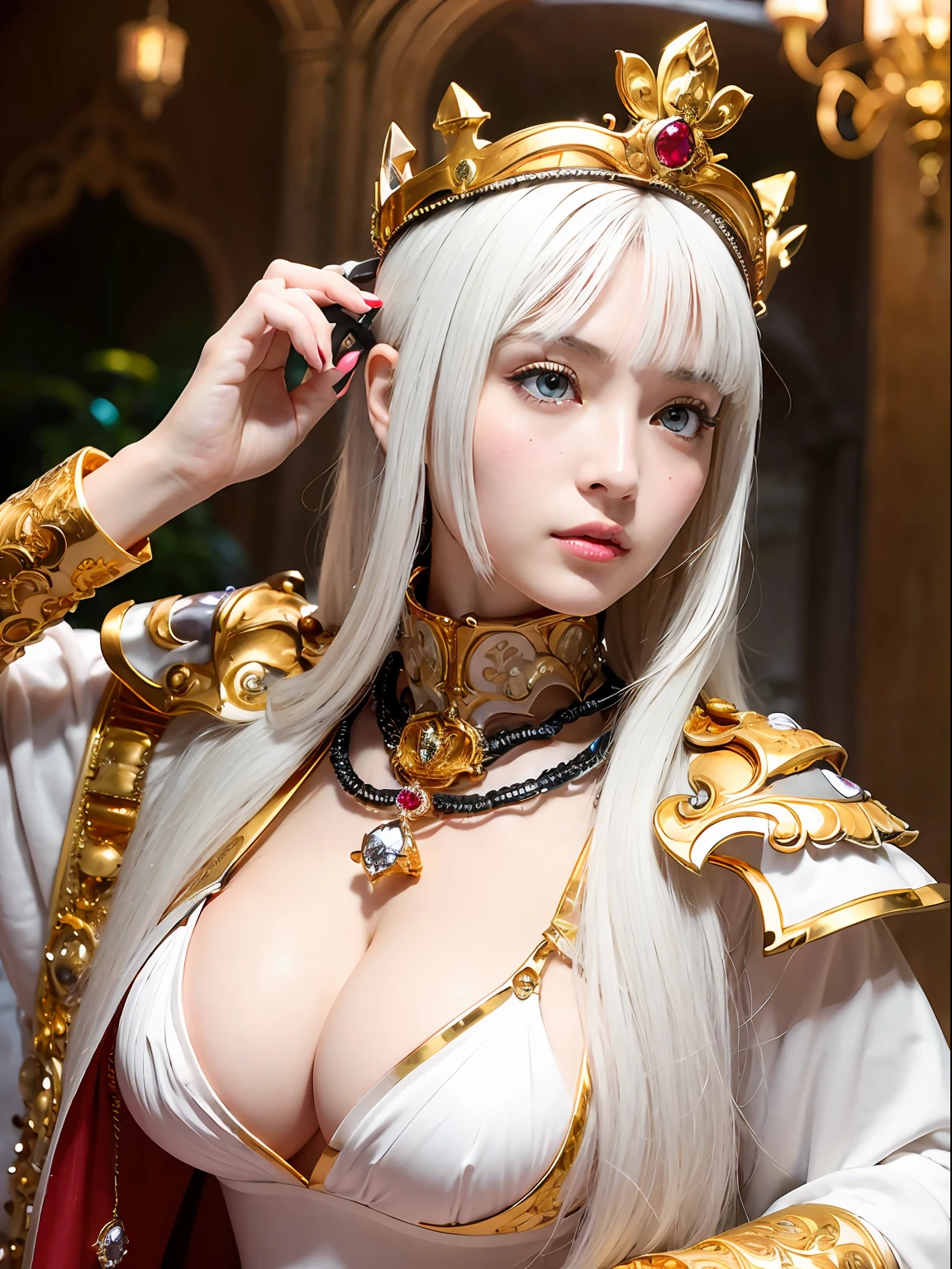 (masutepiece), Professional , ​masterpiece、top-quality、photos realistic , depth of fields （Gemstone Silver Metal Body:1.９),(Matte White、Jewel Gold Weapon（Jewel Metal Body:1.４),Gorgeous metal weapons , Detailed Sword of the Brave , Beautiful knife   ,warhammer 40k , adepta sororitas,Detail and ornate jewel crown、Black hair、Gangle's forest background、Beautiful Caucasian beauty、１a person、dynamic ungle,(((Detailed and ornate diamond crown)))、Smaller head、A smile、Take a sexy pose、Background inside the castle、Thin and beautiful female hands、