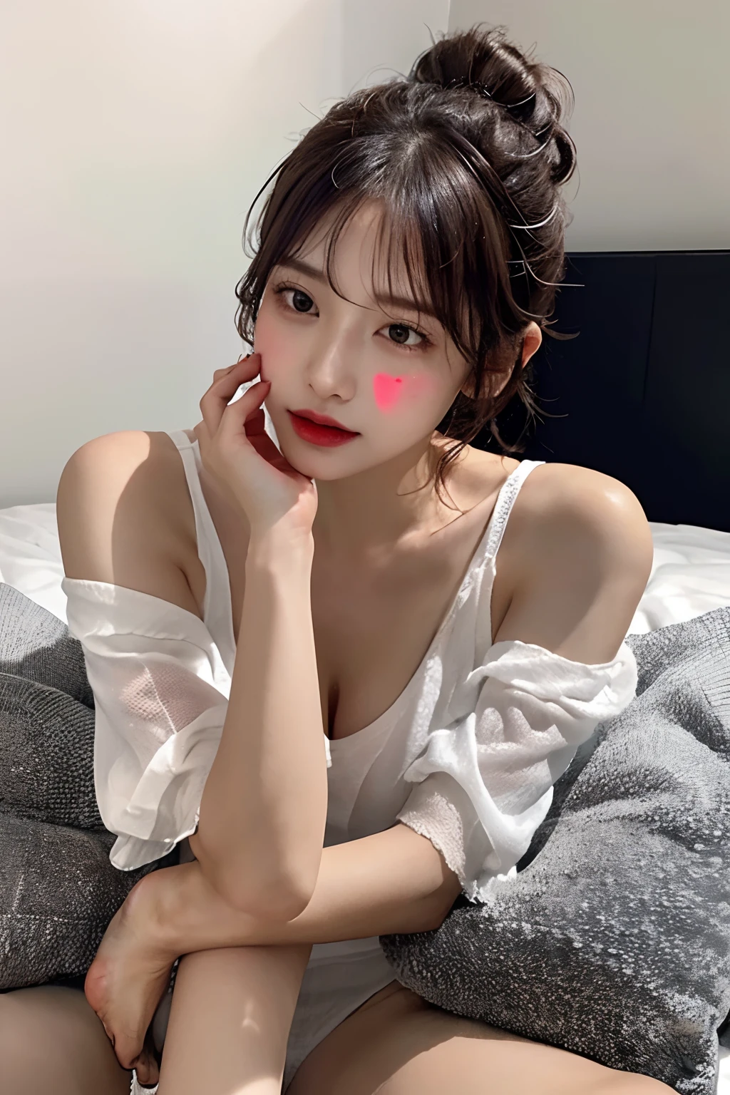 1girl in、shinny skin、Dignified、(closing eye、closed eye、Red cheeks)、boredom、Silvery hair、Short ponytail、ample breasts、Detailed details、Beautuful Women、Slender body、Emphasizes the lines of the body、Bare surface、Very transparent、white  shirt、a bed、relax、beautiful foot、Footboard beauty、lying back on、Lie down、Burning Body、White panties