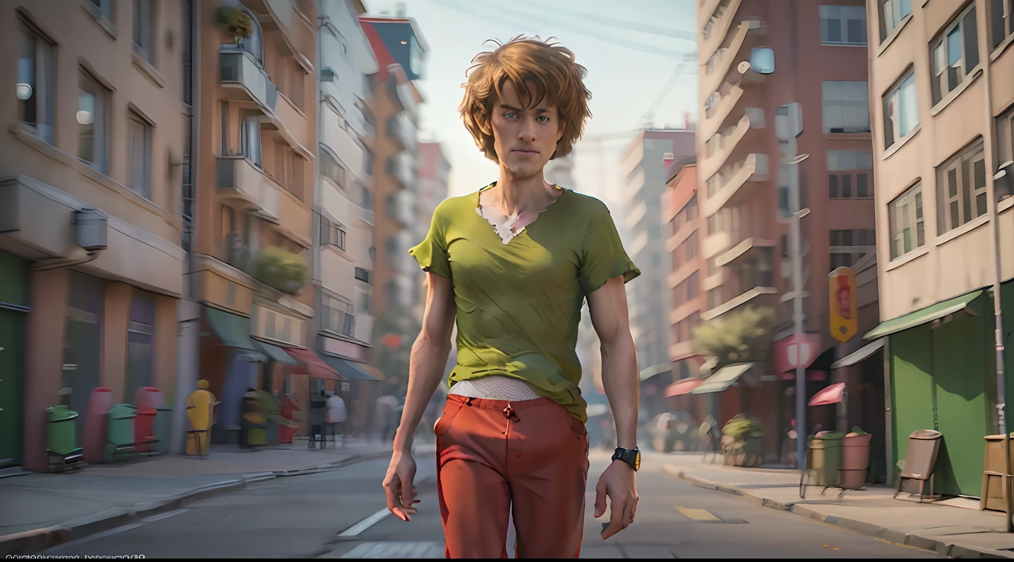 masterpiece, best quality, highres, 1girl, Shaggy Rogers, full body view, standing in urban city.(8k, 4k, best quality, highres:1.2), (maasterpiece, realistic, photo realistic:1.37), beautiful face, wearing green tshirt and red pant.