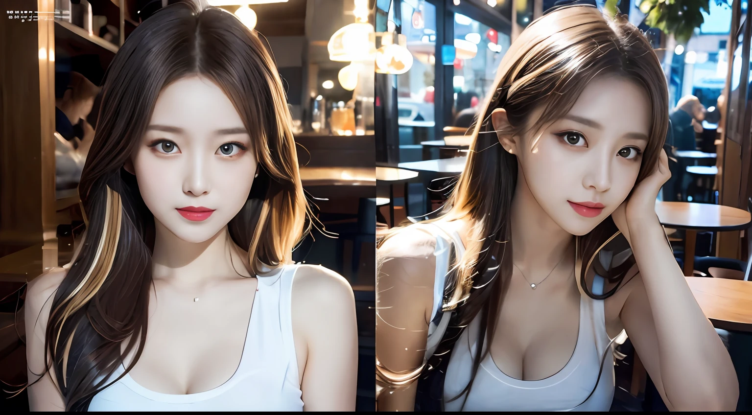 (realisticlying, A high resolution:1.3), 1 girl with a perfect body, Super fine face and eyes,long whitr hair, Tank top of random colors:1.2, in a cafe,Ultimate detail