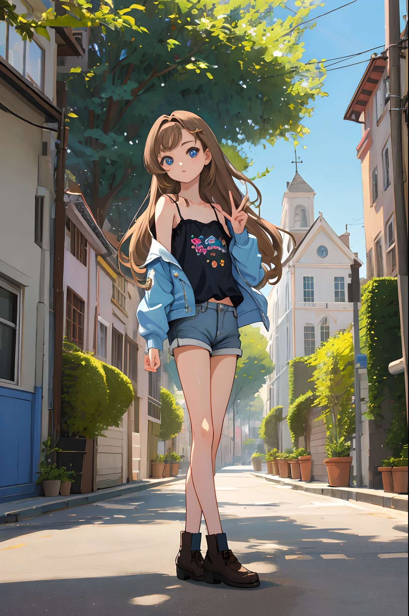 ​master piece,hyper quality, Hyper Detailed,Perfect drawing,nffsw,3D,8K,Illustration、Hi-Res、1 persons、femele、sixteen years old、、Big eyes with double eyelids、beatiful backgrounds、Accurate drawing、Detailed drawing、Perfect Photo、Perfect Beautiful Girl、1 persons、gals、Whitening skin、gyaru fashion、shortpants、Brown hair、loose long hair、bending forward、nailart、Gal Peace、Put your hands on your knees、Stick your butt out、is standing、Camisole、Colorcon、big eye、bluish eyes、In the street、beatiful backgrounds、Detailed drawing、Perfect Beautiful Girl、Perfect Photo、