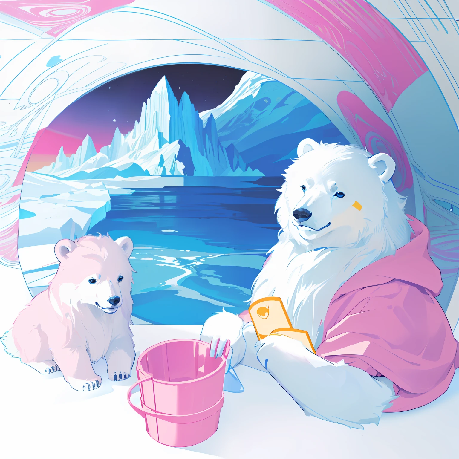Arctic glacier: Two polar bears sit next to buckets eating fish, Clean coloring book page in coloring book style, coloring book page, Coloring book outline, coloring page, line art colouring page, Children\'s book drawing, in an igloo, Glacier coloring, Bears, Children\'s illustration, coloring page, children illustration, coloring book, children's book illustrations, colouring - in sheet，Picture books