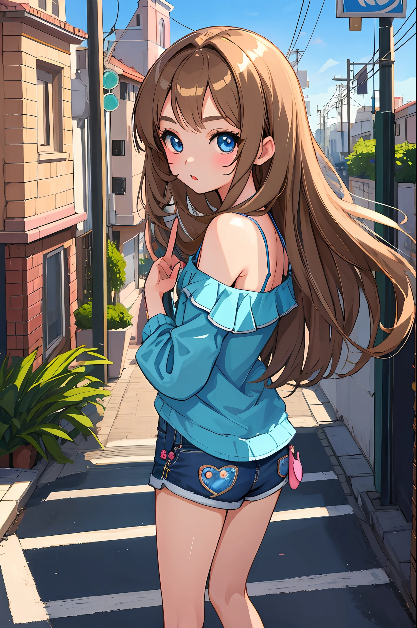 master piece,hyper quality, Hyper Detailed,Perfect drawing,nffsw,3D,8K,Illustration、Hi-Res、1 persons、femele、、、Big eyes with double eyelids、beatiful backgrounds、Accurate drawing、Detailed drawing、Perfect Photo、Perfect Beautiful Girl、1 persons、gals、Whitening skin、gyaru fashion、shortpants、Brown hair、loose long hair、bending forward、nailart、Gal Peace、Put your hands on your knees、Stick your butt out、is standing、Camisole、Colorcon、big eye、bluish eyes、In the street、beatiful backgrounds、Detailed drawing、Perfect Beautiful Girl、Perfect Photo、
