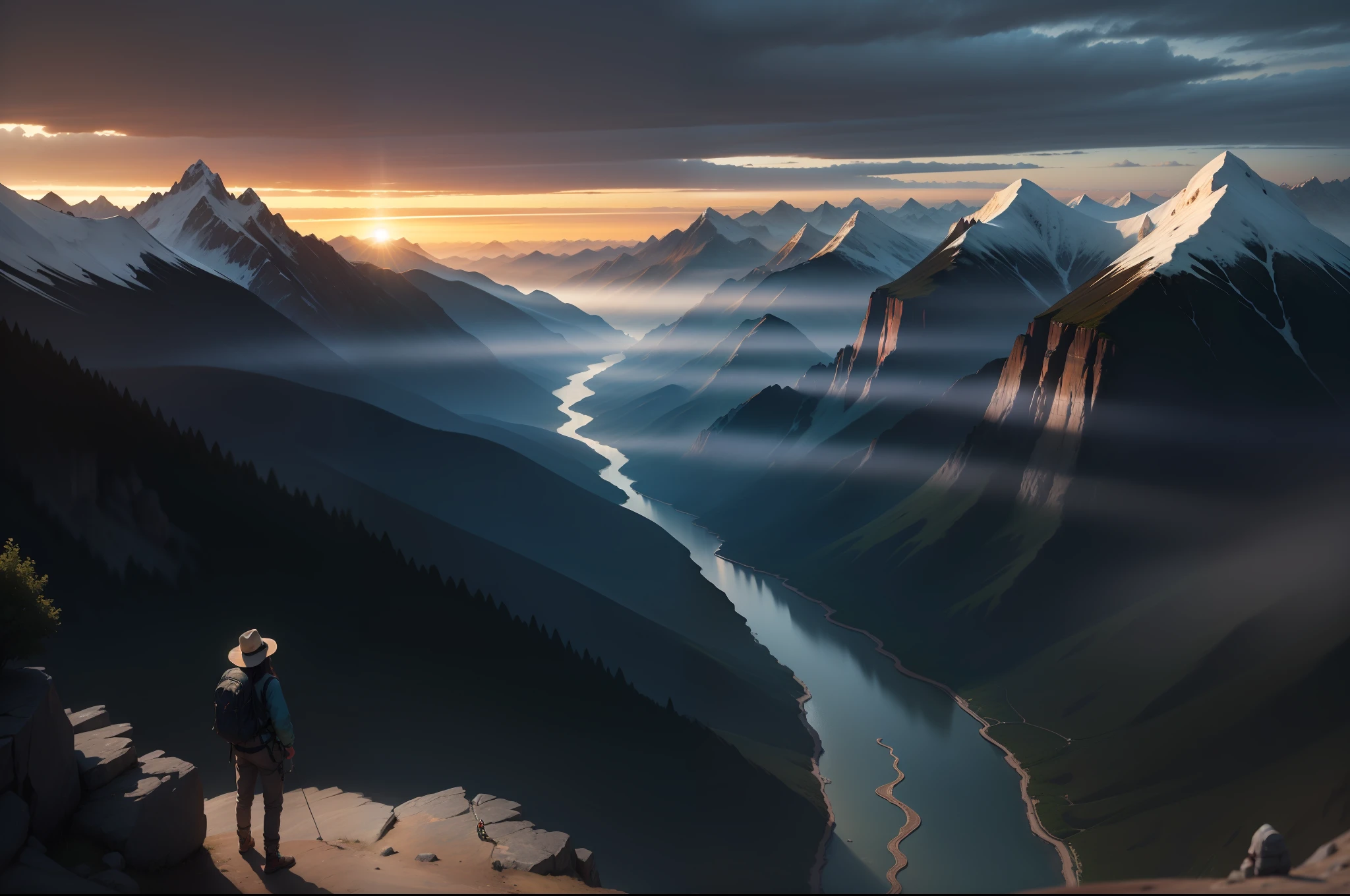 ultra hd photo),Excellent image quality,Realistic details,RAW photo of the landscape,small detailed,realisticlying,Ultra-realistic photos,People overlook the mountains from the top of the mountain,Faraway view,ultra-wide-angle,overhead photography,The sun shines up,blue-sky(0.2),Yamakawa ,rios,Greenwood(0.2),Climbers look out over the mountains in the distance,Climbers stand in the distance,baiyun(0.2),A detailed,full bloom,Psychedelic, Vivid colors,dream magical(0.5),high qulity,best qualtiy,awardwinning