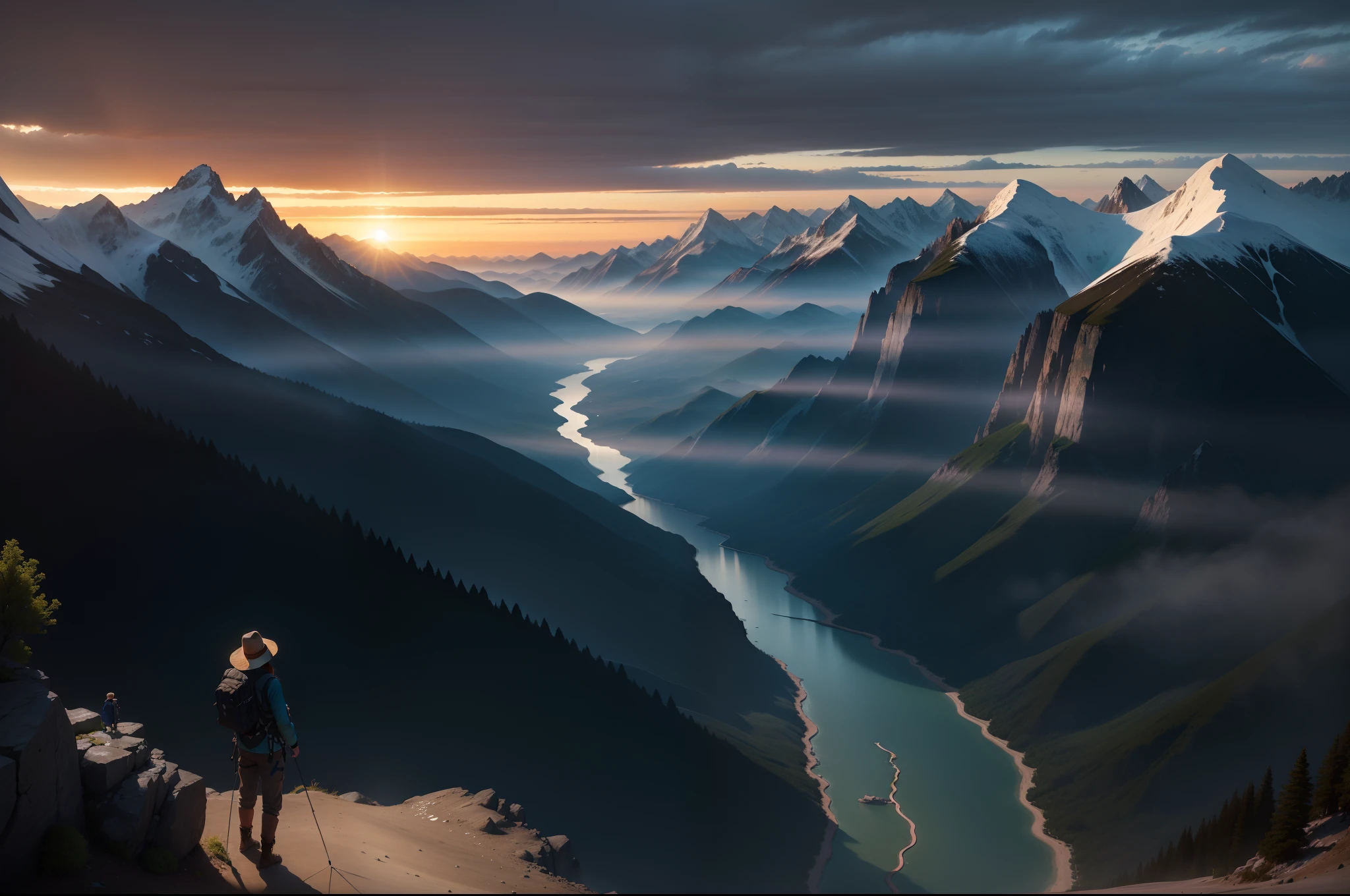 ultra hd photo),Excellent image quality,Realistic details,RAW photo of the landscape,small detailed,realisticlying,Ultra-realistic photos,People overlook the mountains from the top of the mountain,Faraway view,ultra-wide-angle,overhead photography,The sun shines up,blue-sky(0.2),Yamakawa ,rios,Greenwood(0.2),Climbers look out over the mountains in the distance,Climbers stand in the distance,baiyun(0.2),A detailed,full bloom,Psychedelic, Vivid colors,dream magical(0.5),high qulity,best qualtiy,awardwinning