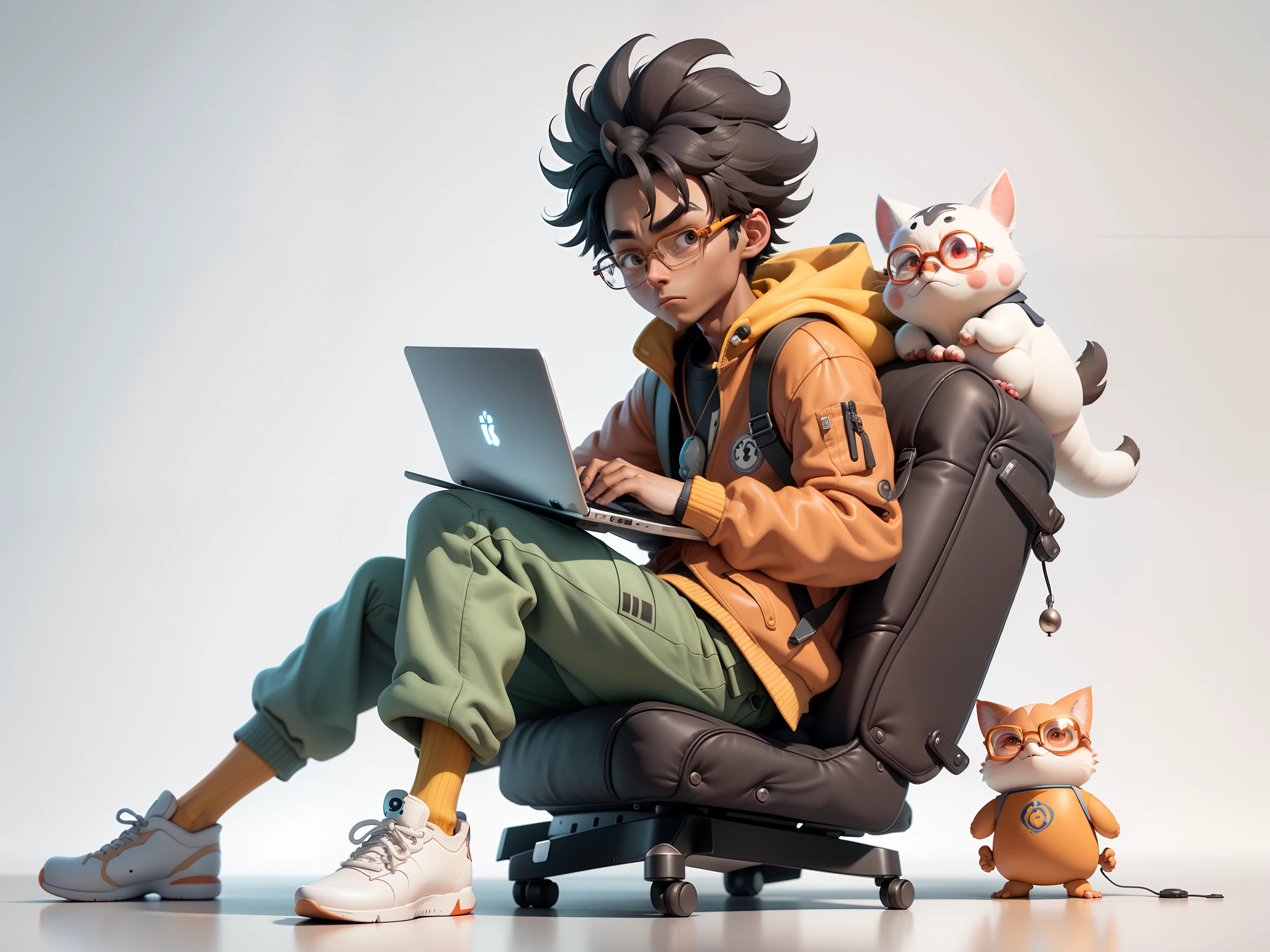 A young man with glasses sits at his desk,holding laptop,digitial painting,3D character design by Mark Clairen and Pixar and Hayao Miyazaki and Akira Toriyama,4K HD illustration,Very detailed facial features and cartoon-style visuals。