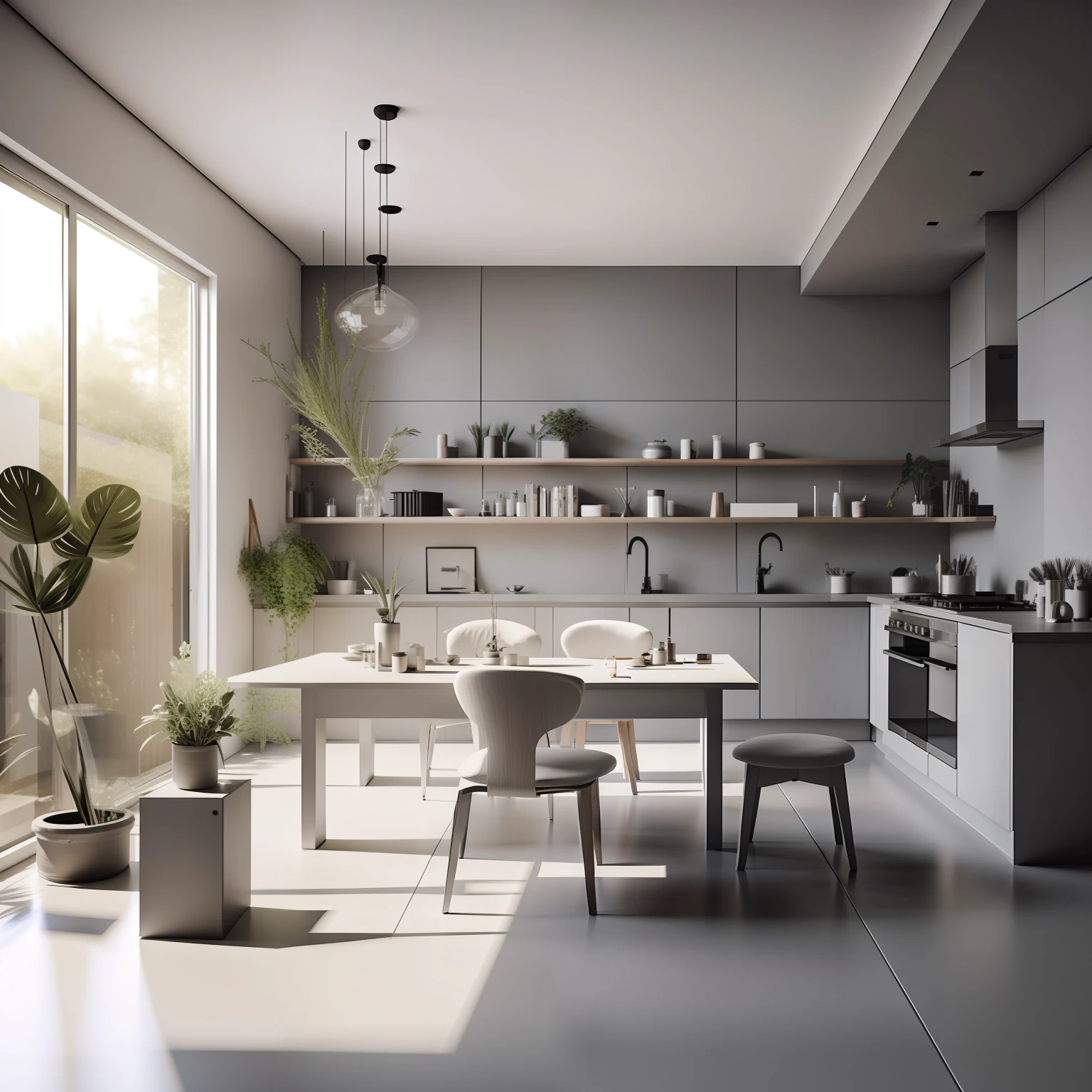 interior design、Insanely detailed wide-angle architectural photo、Award-winning contemporary interior design、landscapes、The table、a chair、inside the house、Concrete floors、Beauty salon、abajour、architectural、cups、a plant、interior design、Insert lighting and shadows、depth of fields、low illuminance、Water pan、Clay wall
