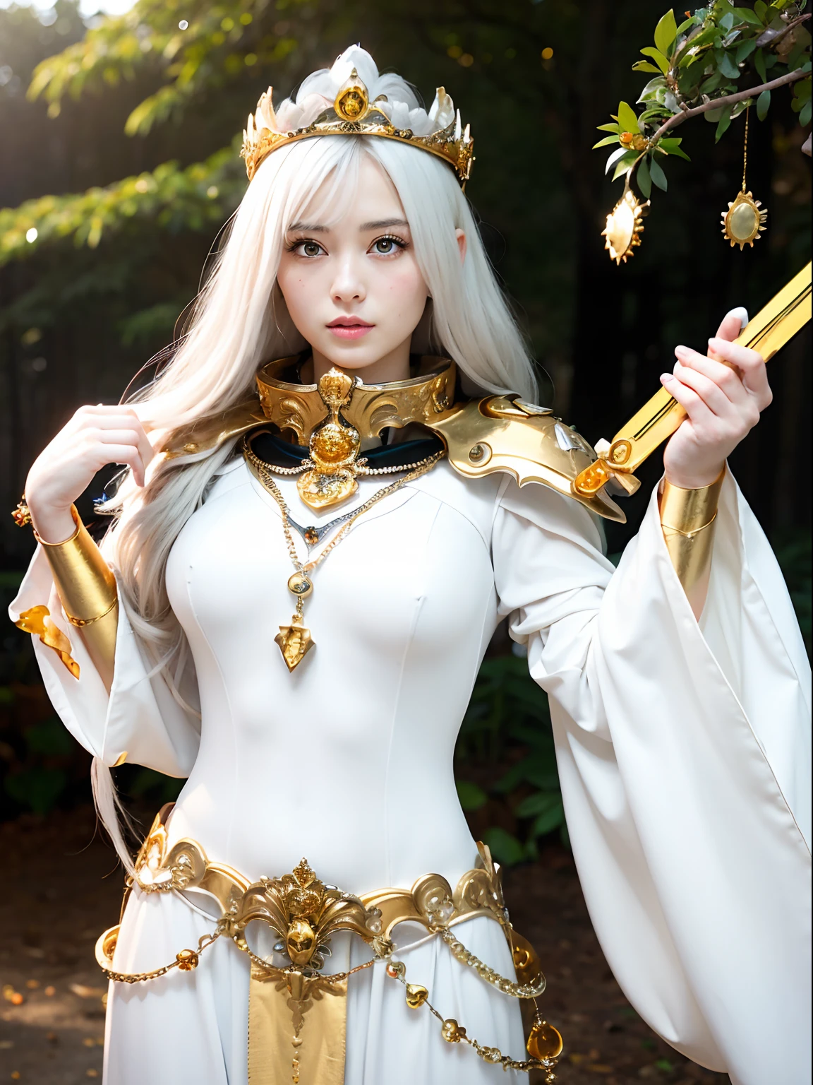 (masutepiece), Professional , masterpiece、top-quality、photos realistic , depth of fields (Gemstone Silver Metal Body:1.9),(Matte White、Jewel Gold Weapon、(Gorgeous castle background)、(ultimate beauty girl)、(Jewel Metal Body:1.4),Gorgeous Jewel Metal Weapons , Detailed Sword of the Brave ,( Soldier background in metal armor) ,warhammer 40k , adepta sororitas,Detail and ornate jewel crown、独奏、Black hair、(Gangle's forest background)、Beautiful Caucasian beauty、1a person、dynamic ungle,(((Diamond tiara with detail and luxury)))、a small face、A smile、Powerful poses、(Gorgeous castle background)、huge filesize、20 year old beautiful woman、Stand in the center of the screen、Thin female fingers、Straight long hair、Beautiful Caucasian beauty、Whole body、