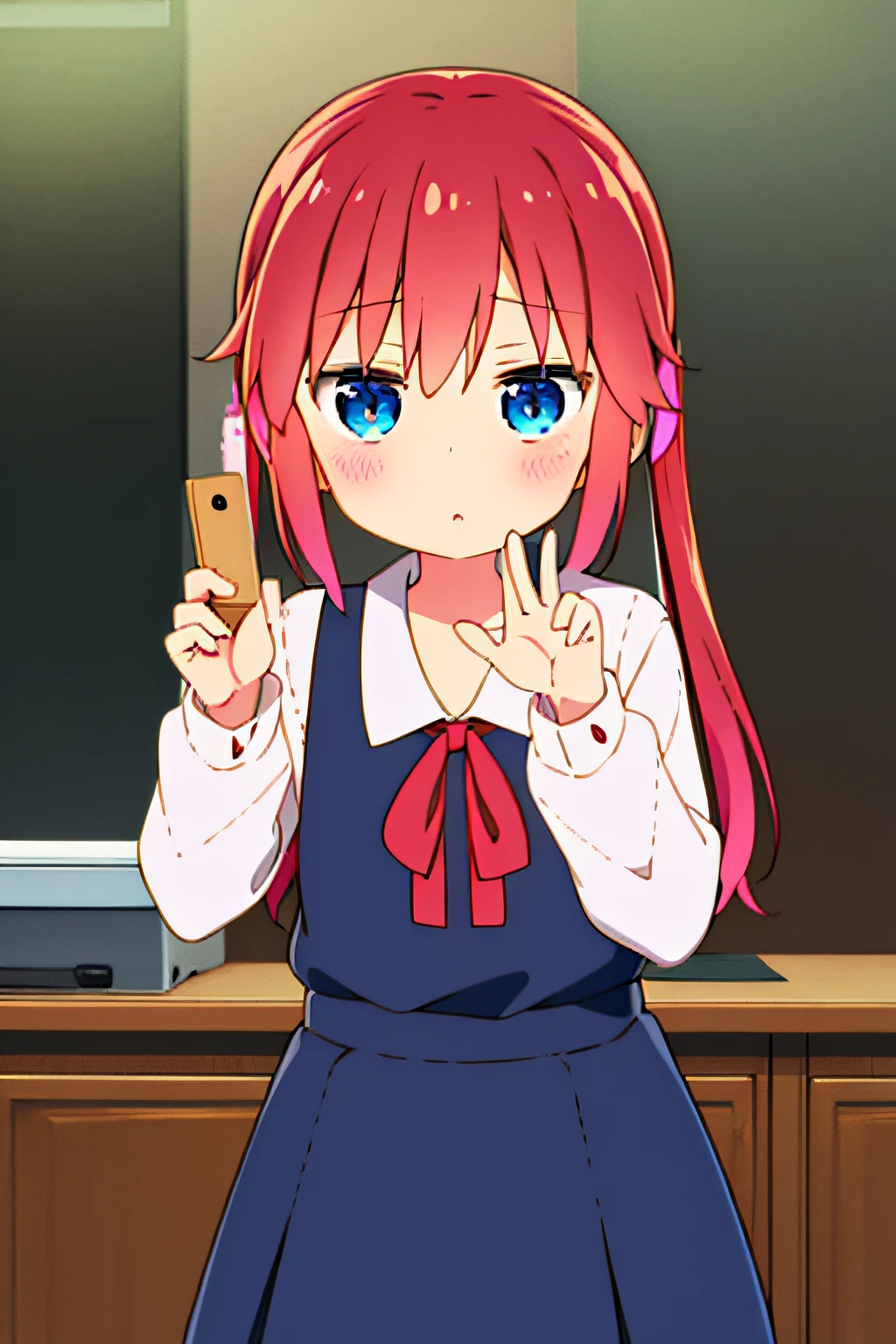 Masterpiece, factory background, 1girl, solo, red hair, blue eyes, ribbon, horror, dark