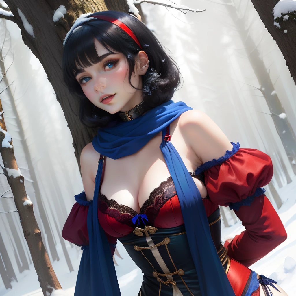 Snow white, tied to a tree, slave collar, blue and red lingerie, forest