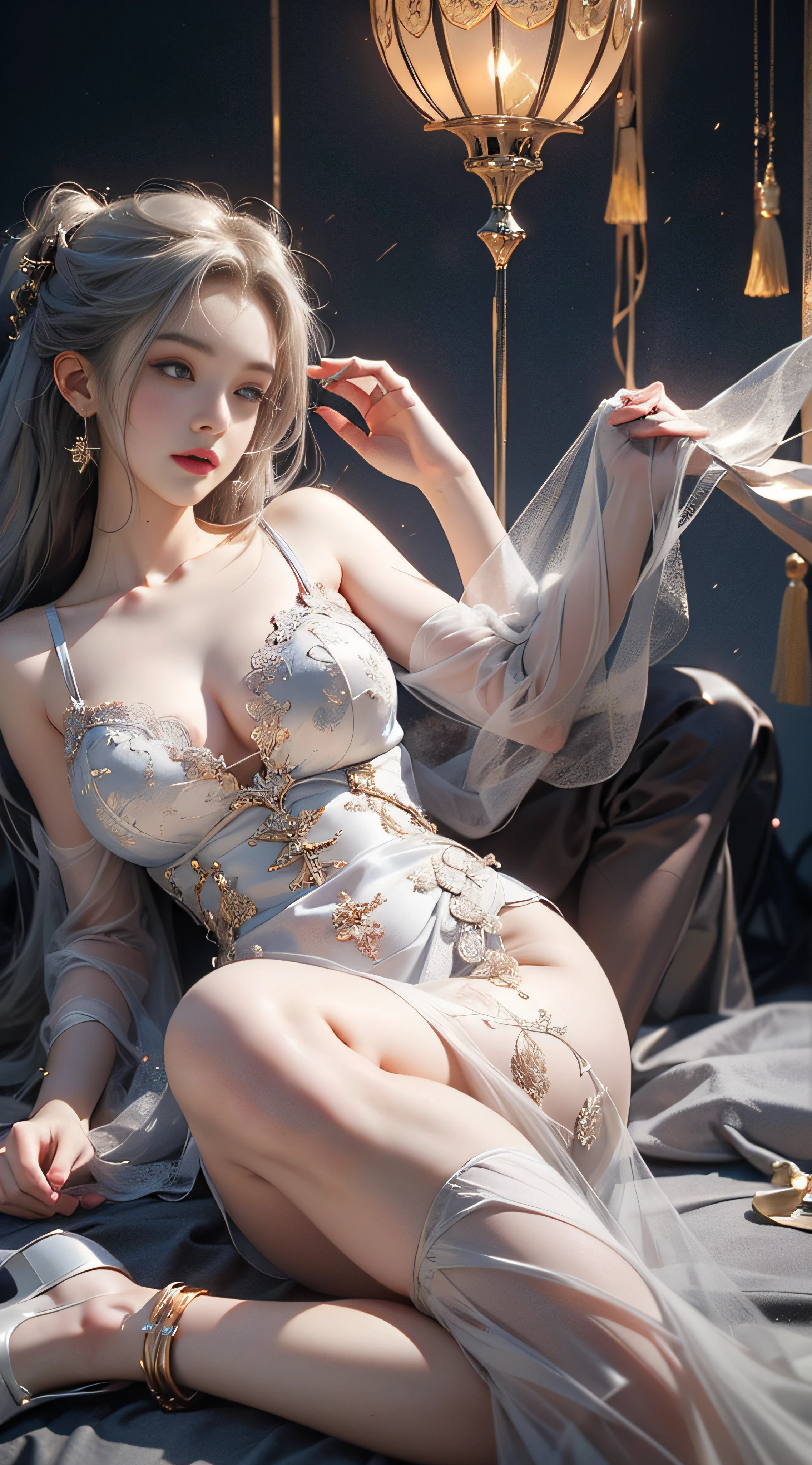 ((best qualtiy)),((SuperiorQuality, 8K, tmasterpiece: 1.5)), Pubic area is clear: 1.2, Perfect body beauty: 1.4, Large of breast, Silvery hair, Gray lace transparent dress,wetted skin, Large of breast,Large bust,the areola is visible, ssmile,Sleeping on the Bed,legs are open,Open your legs,legs separated,knee bend,Film texture,