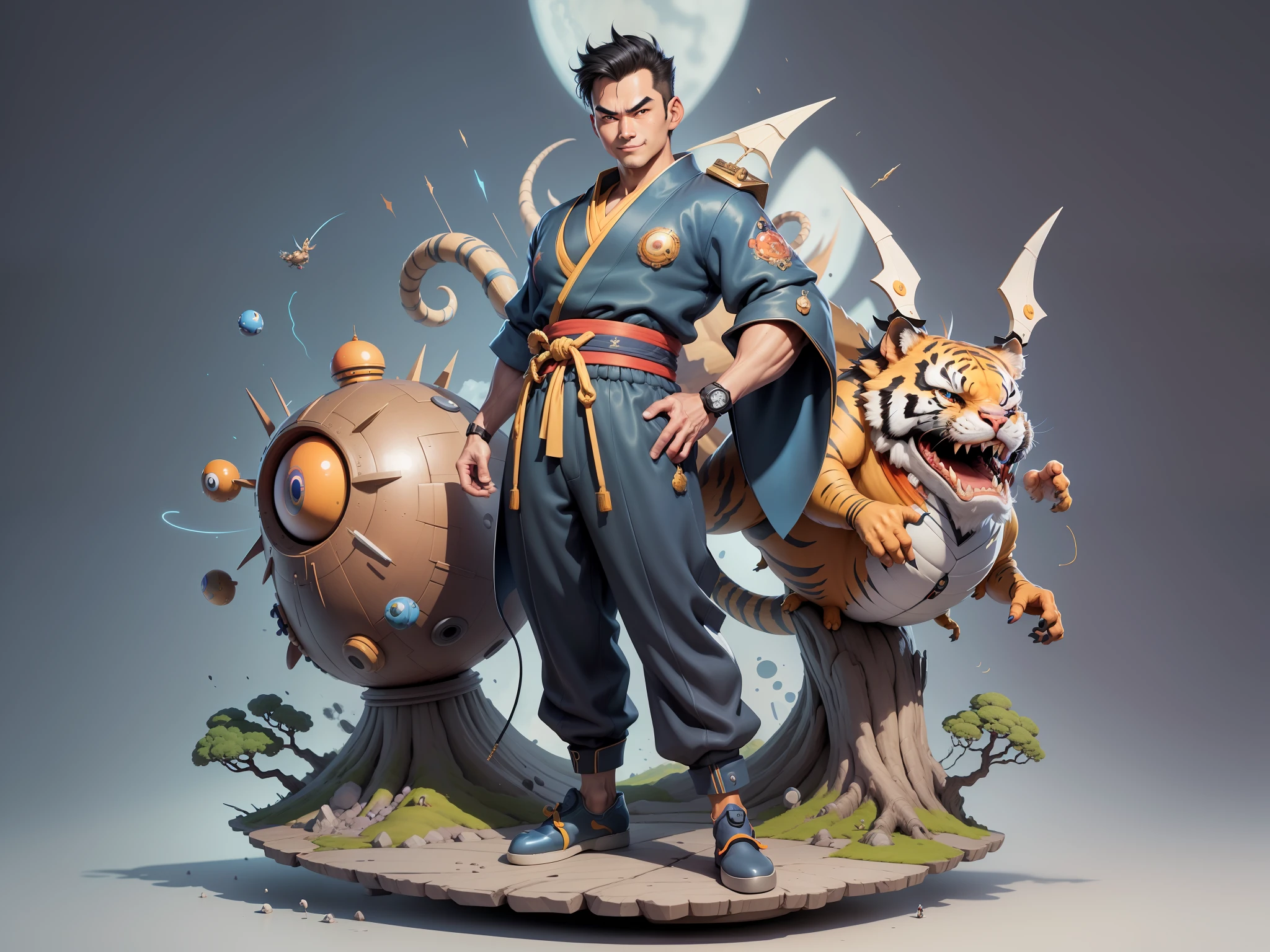 (Masterpiece), (Excellent), (Super Meticulous), (Full Body: 1.2), Super Young Man, Oriental Face, Japanese Kimono, Japanese Wind Thunder God, Dragon, Tiger, TV Anchor, Bust Portrait Illustration, Alone, Black Suit, Blue Tie, Slightly Chubby Face, Very Clean Face, No Beard, Black Super Short Hair, Black Eyes, Confident Smile, 3c Computer Sub-Products, iPad, iPhone, Digital Painting, 3D Character Design by Akira Toriyama and Mark Claireden and Pixar and Hayao Miyazaki, The illustration is a high-definition illustration in 4K resolution with very detailed facial features and cartoon-style visuals.