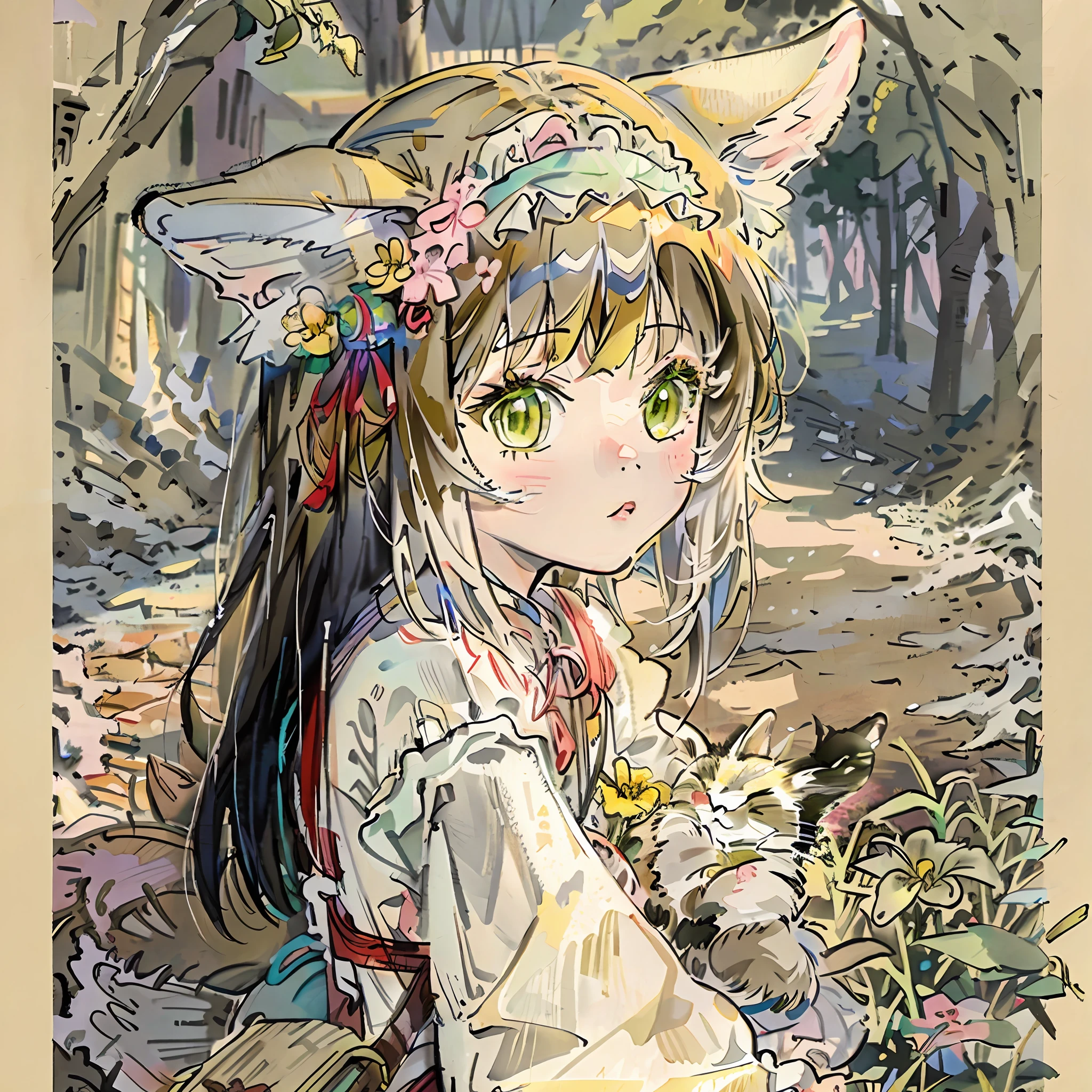 Tips:A very attractive girl with a backpack and an adorable kitten、Enjoying a lovely spring outing surrounded by beautiful yellow flowers and nature。Illustrations are high-definition illustrations in 4K resolution、Features highly detailed facial features and cartoon-style visuals。