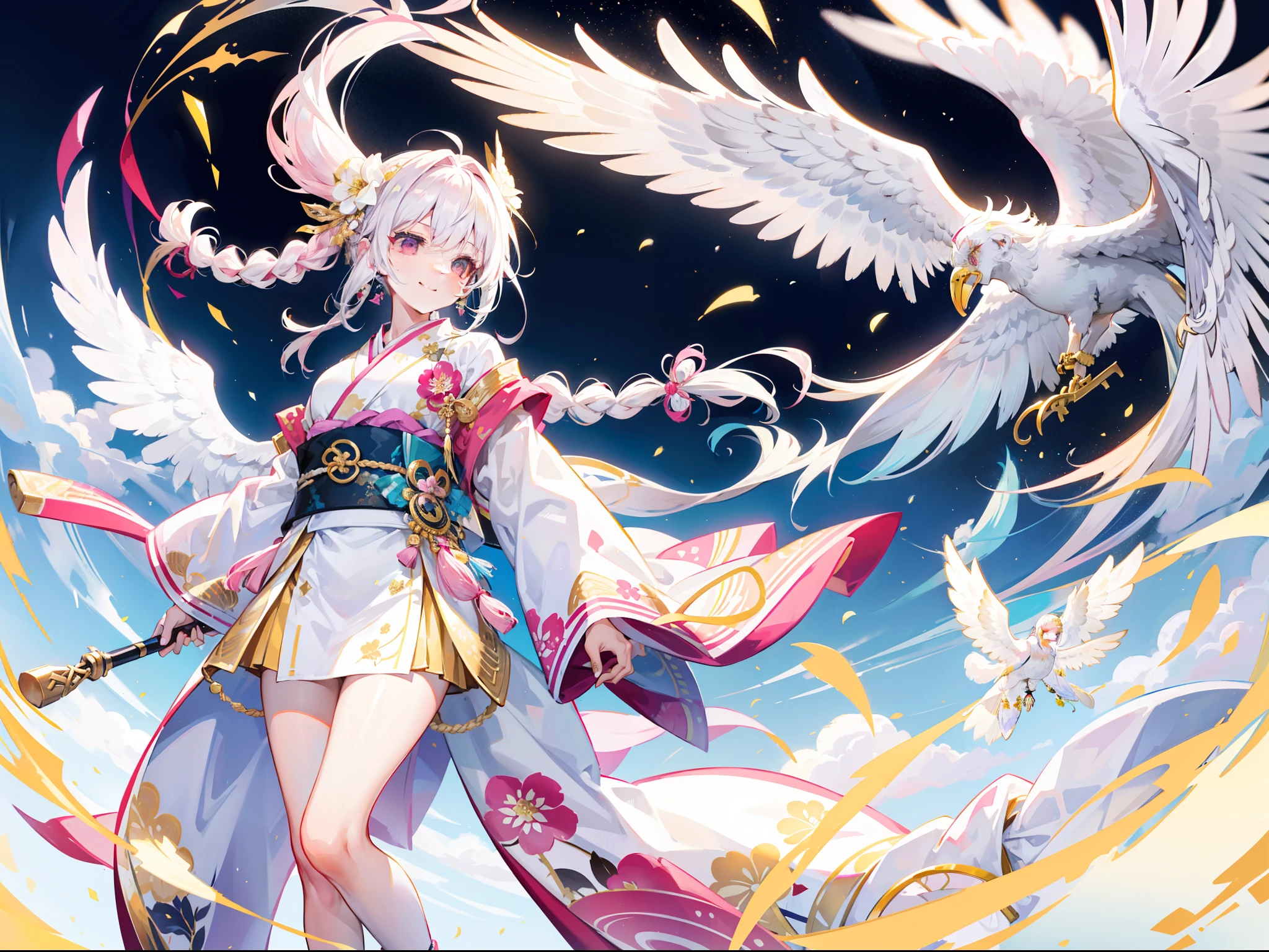 A beautiful girl with white hair,dishiveredhair,Two small braided sides are braided,The ends fade to light pink,He wears a golden hairpin,Wear three small flowers on each side,Wearing a white and pink and gold kimono,The kimono is printed with a white eagle motif,Behind him is a cyan and gold cloak,The lower body is wearing white stockings,Brown Japanese sandals,With a smile,Stand in a wonderland with a golden background,There is a white eagle behind him