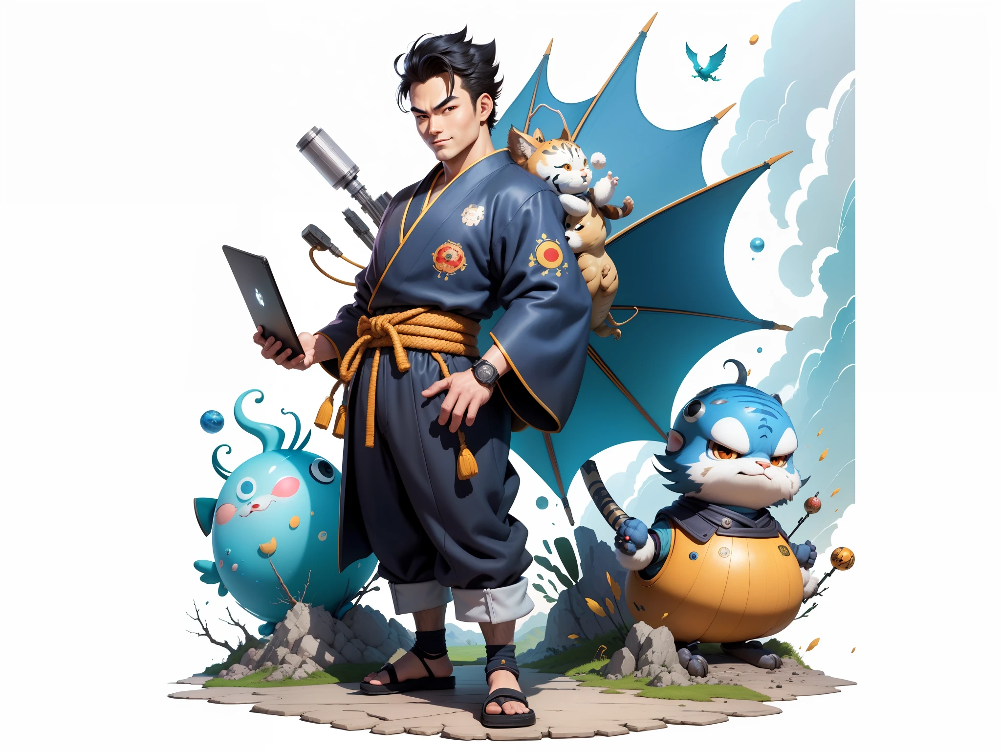 (Masterpiece), (Excellent), (Super Meticulous), (Full Body: 1.2), Super Young Man, Oriental Face, Japanese Kimono, Japanese Wind Thunder God, Dragon, Tiger, TV Anchor, Bust Portrait Illustration, Alone, Black Suit, Blue Tie, Slightly Chubby Face, Very Clean Face, No Beard, Black Super Short Hair, Black Eyes, Confident Smile, 3c Computer Sub-Products, iPad, iPhone, Digital Painting, 3D Character Design by Akira Toriyama and Mark Claireden and Pixar and Hayao Miyazaki, The illustration is a high-definition illustration in 4K resolution with very detailed facial features and cartoon-style visuals.