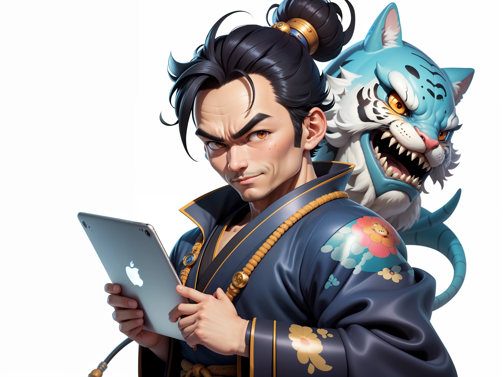 (Masterpiece), (Excellent), (Super Meticulous), (Full Body: 1.2), Super Young Man, Oriental Face, Japanese Kimono, Japanese Wind Thunder God, Dragon, Tiger, TV Anchor, Bust Portrait Illustration, Alone, Black Suit, Blue Tie, Slightly Chubby Face, Very Clean Face, No Beard, Black Super Short Hair, Black Eyes, Confident Smile, 3c Computer Sub-Products, iPad, iPhone, Digital Painting, 3D Character Design by Akira Toriyama and Mark Claireden and Pixar and Hayao Miyazaki, The illustration is a high-definition illustration in 4K resolution with very detailed facial features and cartoon-style visuals.