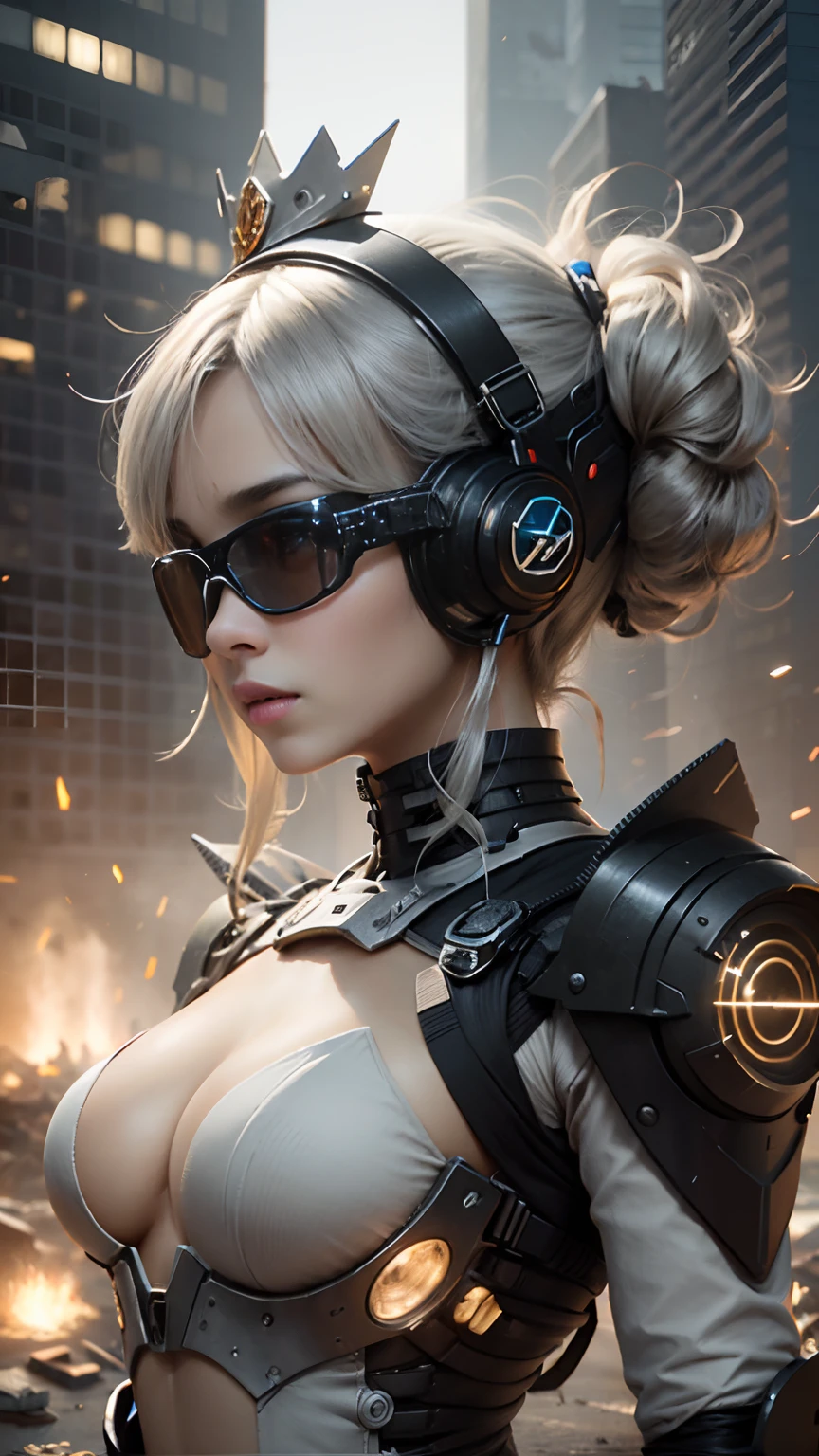 ((Best Quality)), ((Masterpiece)), (Very Detailed: 1.3), 3D, Shitu-mecha, Beautiful cyberpunk woman wearing crown with her mecha in ruins of a city in forgotten war, long silver hair, sci-fi technology, HDR (High Dynamic Range), ray tracing, nvidia RTX, super resolution, unreal 5, subsurface scattering, PBR texture, post-processing, anisotropic filtering, depth of field, maximum sharpness and sharpness, multi-layered texture, Albedo and specular mapping, surface shading, accurate simulation of light-material interactions, perfect ratios, octane rendering, duotone lighting, low ISO, white balance, rule of thirds, wide aperture, 8K RAW, high efficiency sub-pixels, subpixel convolution, luminous particles, light scattering, Tyndall effect
