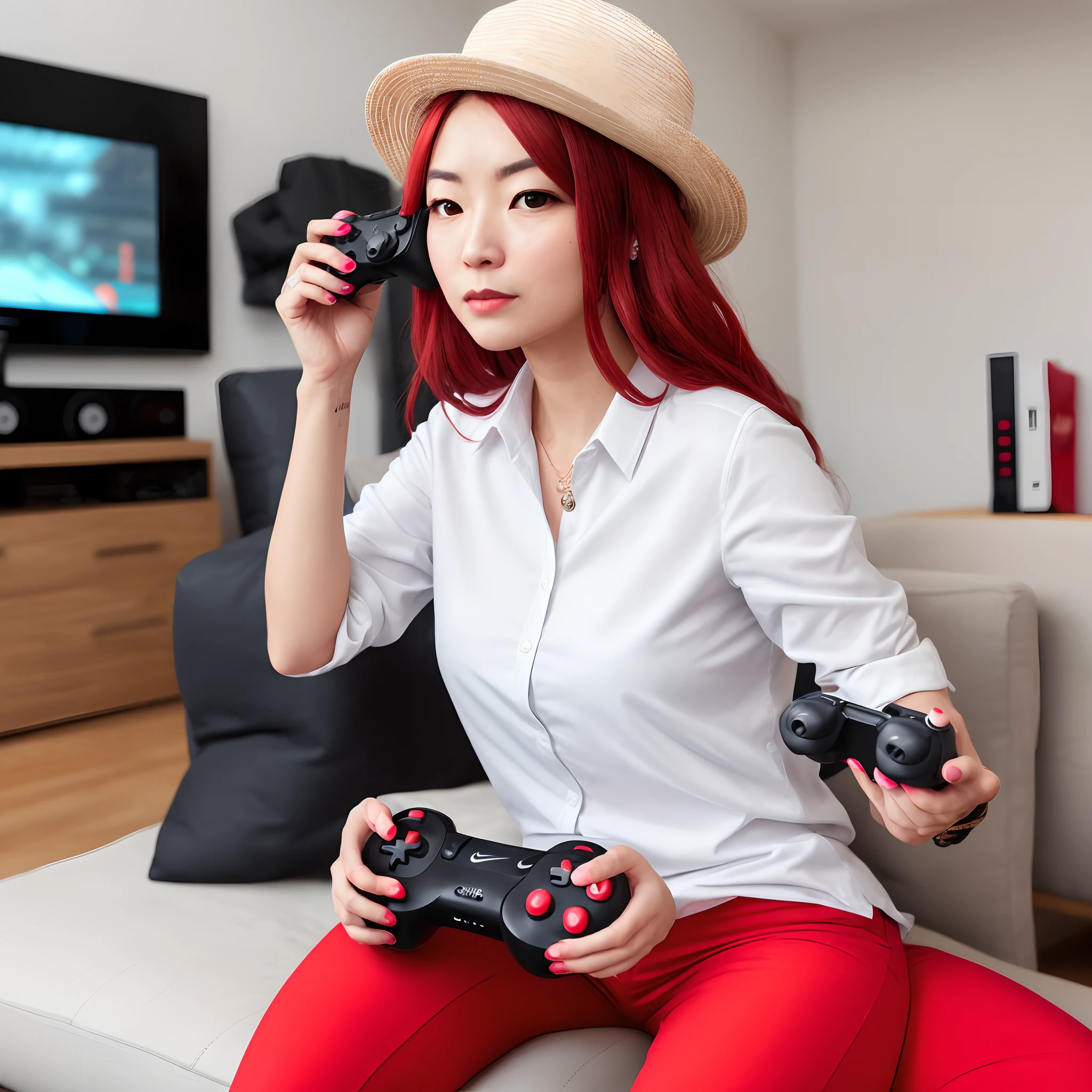(((1 woman playing video games))), long red hair, (wearing a white shirt), (wearing red pants), the style of clothing is very simple, elegant casual wear, soft red, milk and red style, modern fashion clothing, with a fisherman's hat, neutral tones, red and white patterns, casual business clothes, full of nervous face, Nike sneakers, 22 years old, mature face
