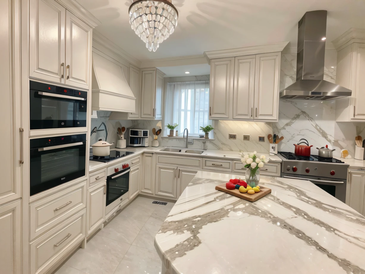 ，masterpiece, best quality，8k, ultra highres，In this stunning kitchen，The white marble countertop exudes an icy nobility，The crystal chandelier shines like a star，Imminent。Top quality kitchenware is neatly arranged，The refrigerator is stocked with a variety of top-quality ingredients，Shock your taste buds。One touch of the switch，Intelligent robots instantly become top chefs，Emerge from a delicious aroma，Mouth-watering。In such a luxurious kitchen，Each cooking becomes a unique artistic creation，It's intoxicating。