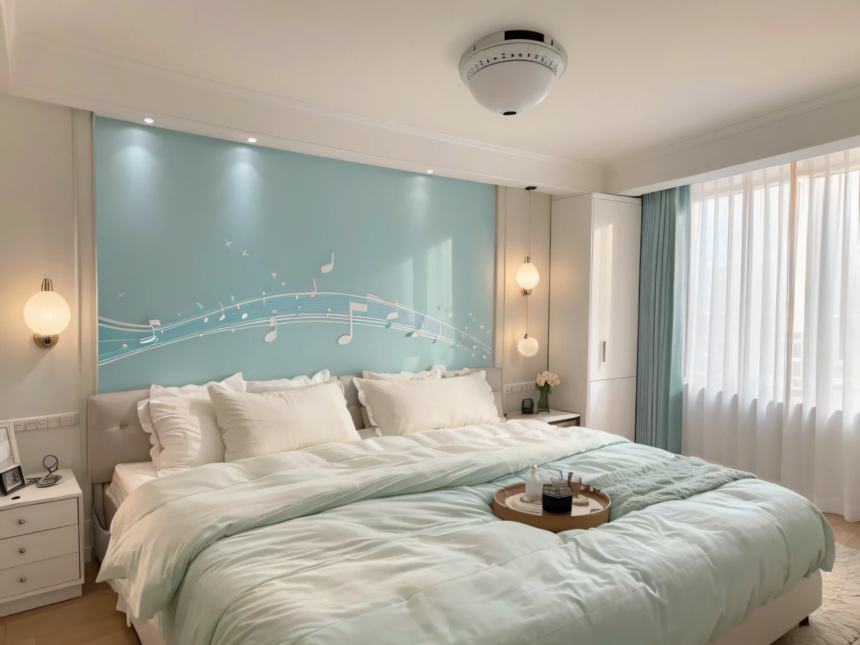,masterpiece, best quality,8k, ultra highres,Step into this dream bedroom,It's like entering a fantasy kingdom。Huge round bed,Surrounded by delicate velor sheets and down duvets,It's like floating on a cloud,It gives people the ultimate soft enjoyment。The walls around the bedroom are inlaid with smart light sources,Colorful lights shine to the rhythm of the music,Unleash an intoxicating atmosphere in a romantic atmosphere。Turn on the video wall,Pop up the hidden speaker,Create immersive immersion,Let your dreams merge with reality。
