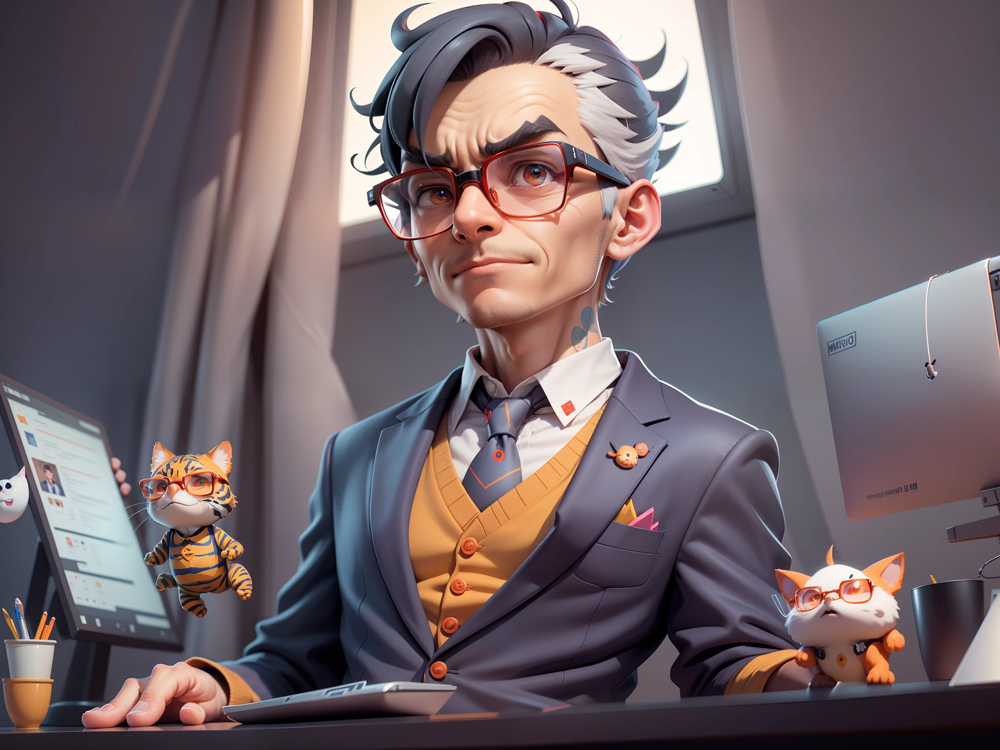 A young man in a suit, Short hair and glasses sat at his desk，holding laptop，digitial painting，tigre，3D character design by Mark Clairen and Pixar and Hayao Miyazaki and Akira Toriyama，4K HD illustration，Very detailed facial features and cartoon-style visuals。