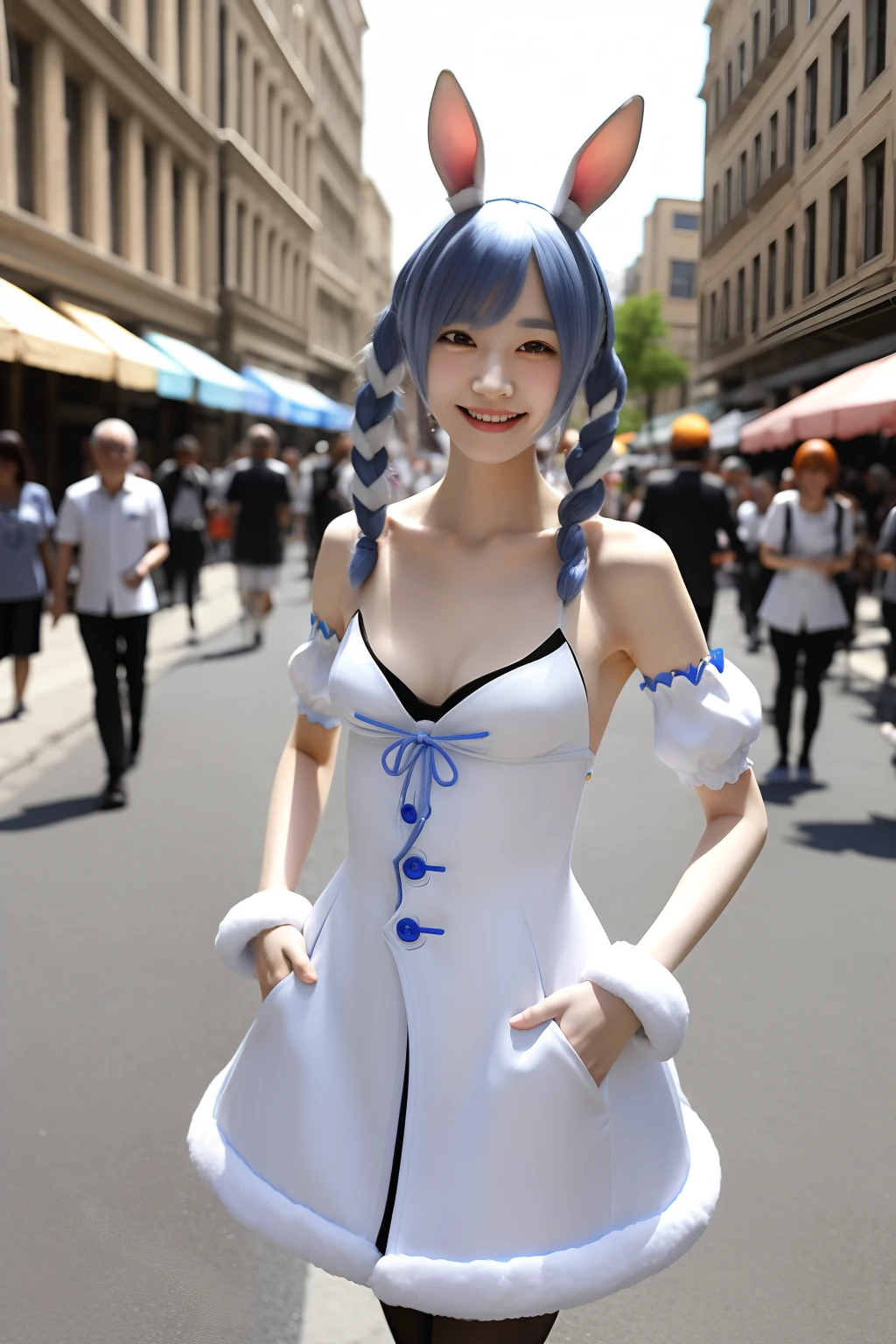 ​masterpiece, Realistic, top-quality, Ultra-detailed,Small breasts,1girl photo, street background,Pecora 1,slender, smile, fullbody, cosplayers , standing