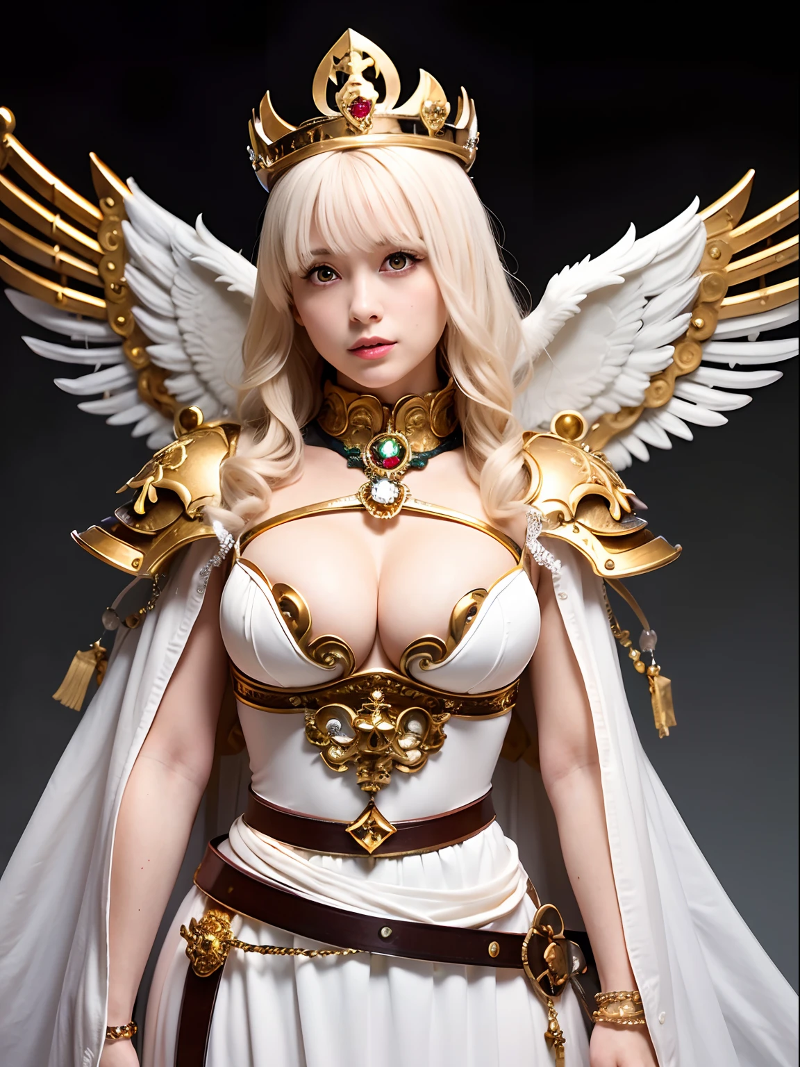 (masutepiece), Professional , ​masterpiece、top-quality、photos realistic , depth of fields （Gemstone Silver Metal Body:1.９),(Matte White、（Interior background of a luxurious castle）、Jewel Gold Weapon、（Flying in the sky),Gorgeous metal weapons,(Detailed and realistic angel white wings) , Detailed Sword of the Brave , Beautiful knife 、delicated face、20 years girl  ,warhammer 40k , adepta sororitas,Detail and ornate jewel crown、a blond、(Gangle's forest background)、Beautiful Caucasian beauty、１a person、dynamic ungle,(((Detailed and ornate diamond crown)))、Smaller head、A smile、Powerful poses、Beautiful thin fingers of a woman、cleavage of the breast、
