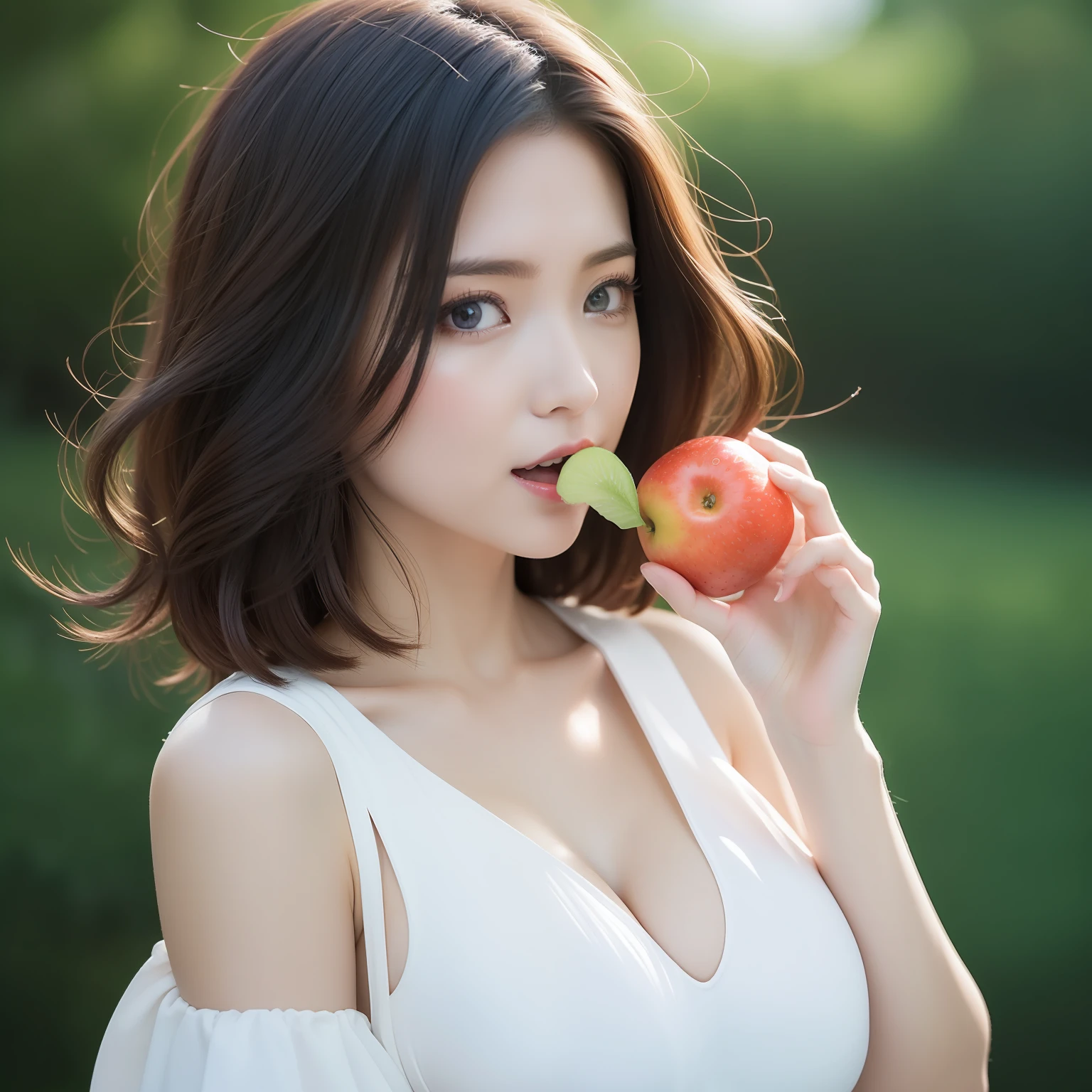 high image, super detail, high resolution, anime, manga, illustration, eating fruit with a mouthful, intelligent beauty, cute face, make up, ecstatic expression, amorous expression, seductive look, flowing layered messy white glossy medium short wavy hair, speed line, sparkling blue big eyes, alluring moist red lips, huge breasts, under boob, side boob, great proportion, perfect proportions, slender, full body